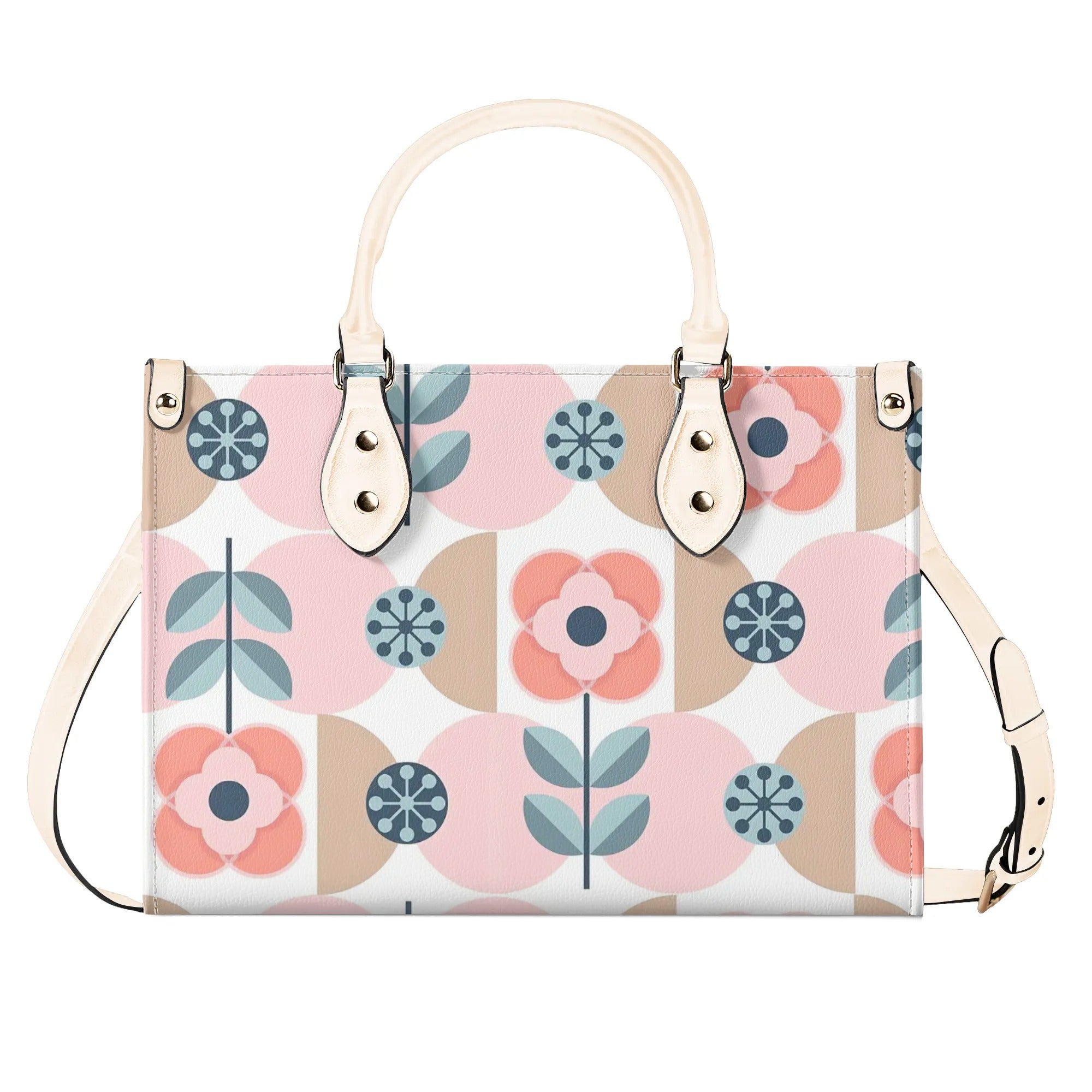 Designer Handbag With Scandinavian Pink, Blue Retro Floral, Mod Summer Handbag - Mid Century Modern Gal
