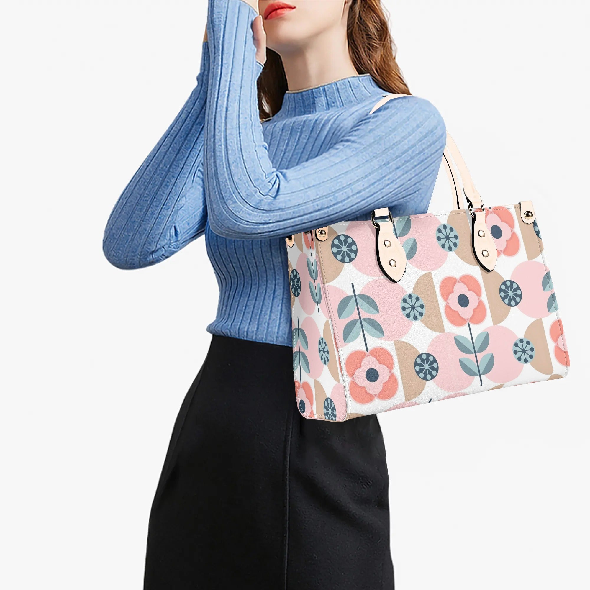 Designer Handbag With Scandinavian Pink, Blue Retro Floral, Mod Summer Handbag - Mid Century Modern Gal