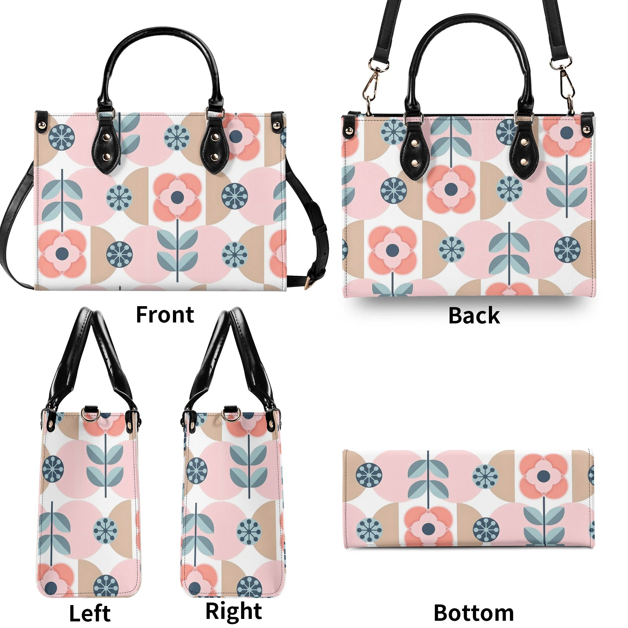 Designer Handbag With Scandinavian Pink, Blue Retro Floral, Mod Summer Handbag - Mid Century Modern Gal