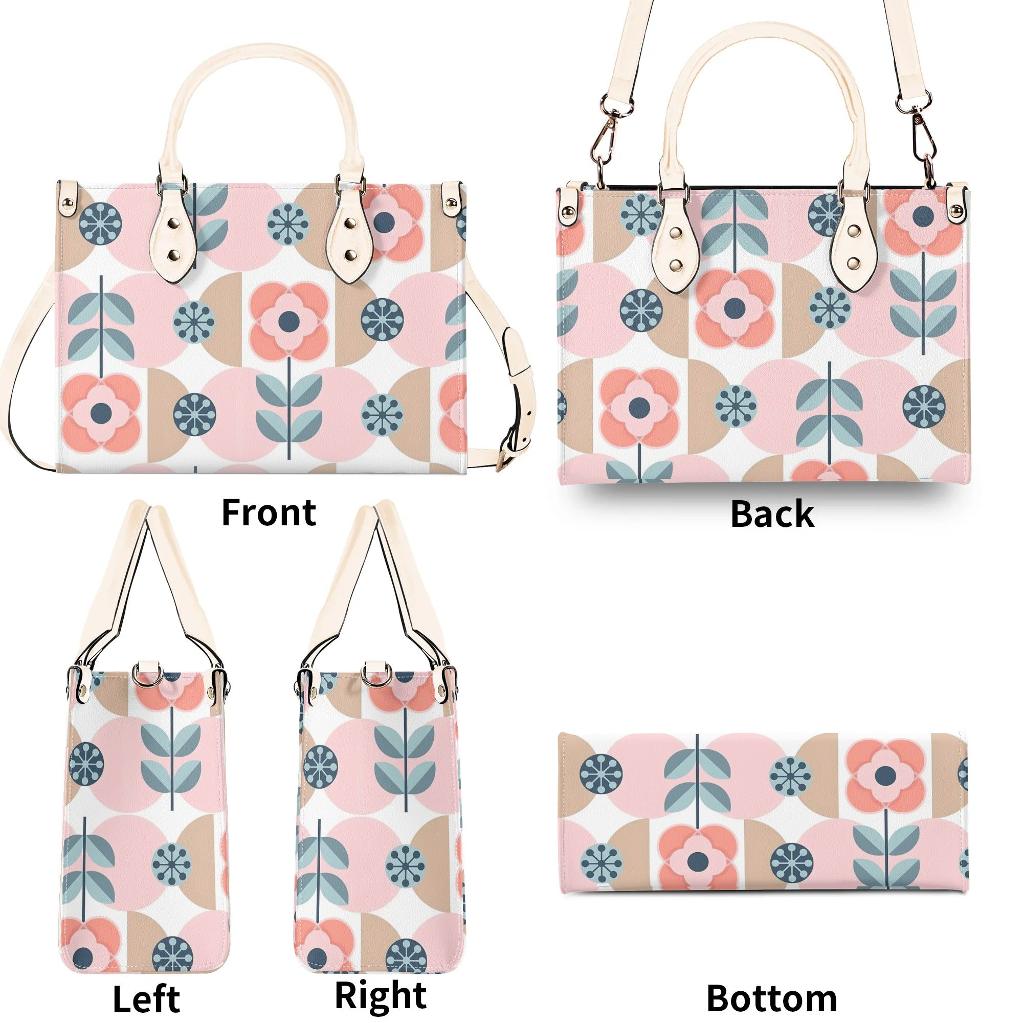Designer Handbag With Scandinavian Pink, Blue Retro Floral, Mod Summer Handbag - Mid Century Modern Gal