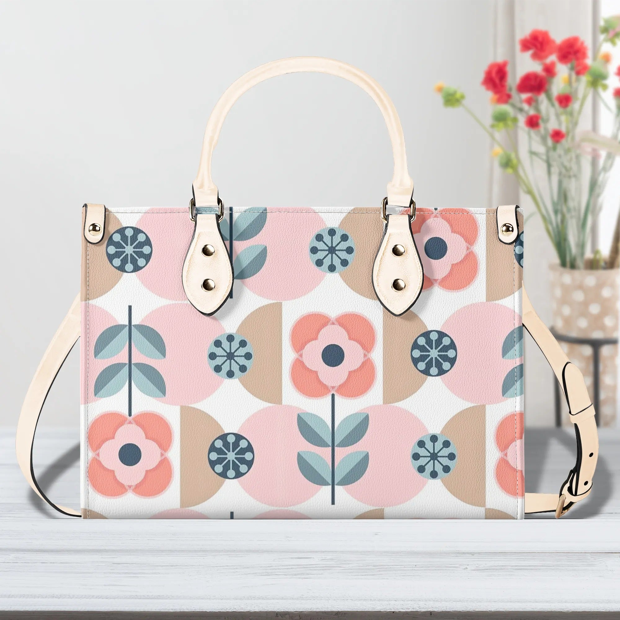Designer Handbag With Scandinavian Pink, Blue Retro Floral, Mod Summer Handbag - Mid Century Modern Gal