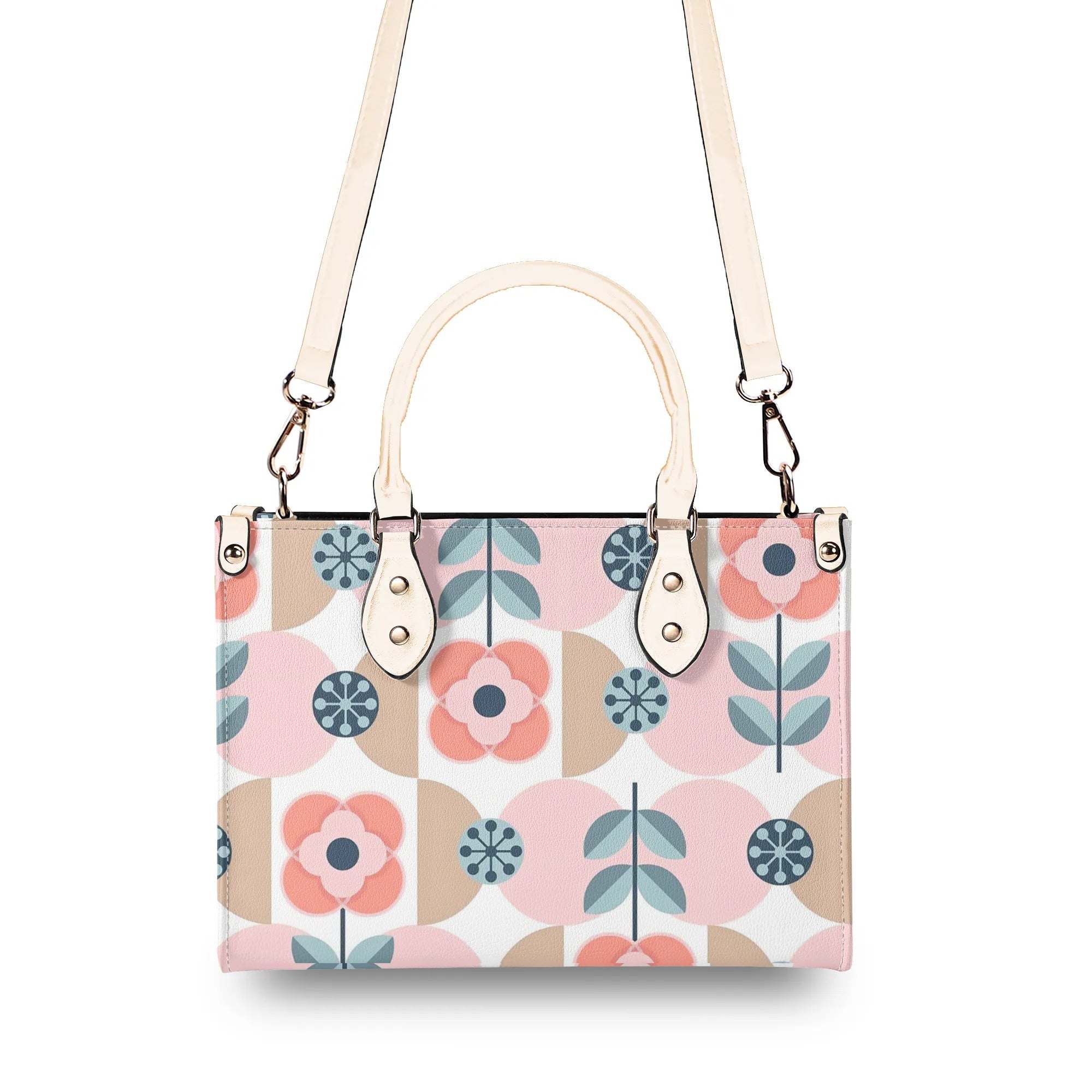 Designer Handbag With Scandinavian Pink, Blue Retro Floral, Mod Summer Handbag - Mid Century Modern Gal