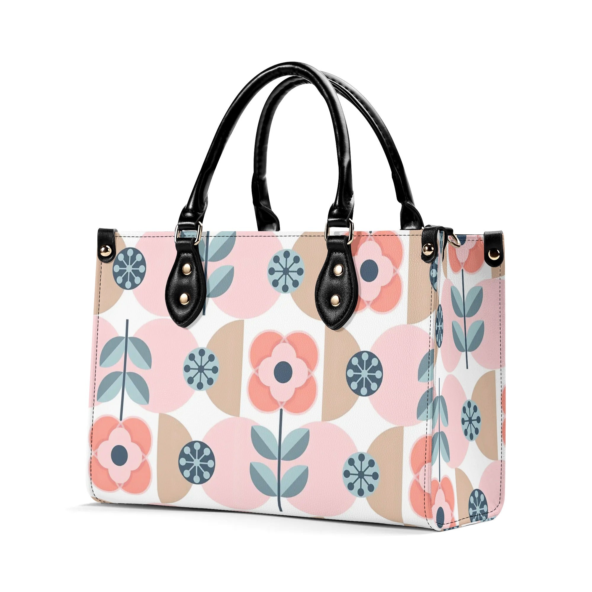 Designer Handbag With Scandinavian Pink, Blue Retro Floral, Mod Summer Handbag - Mid Century Modern Gal