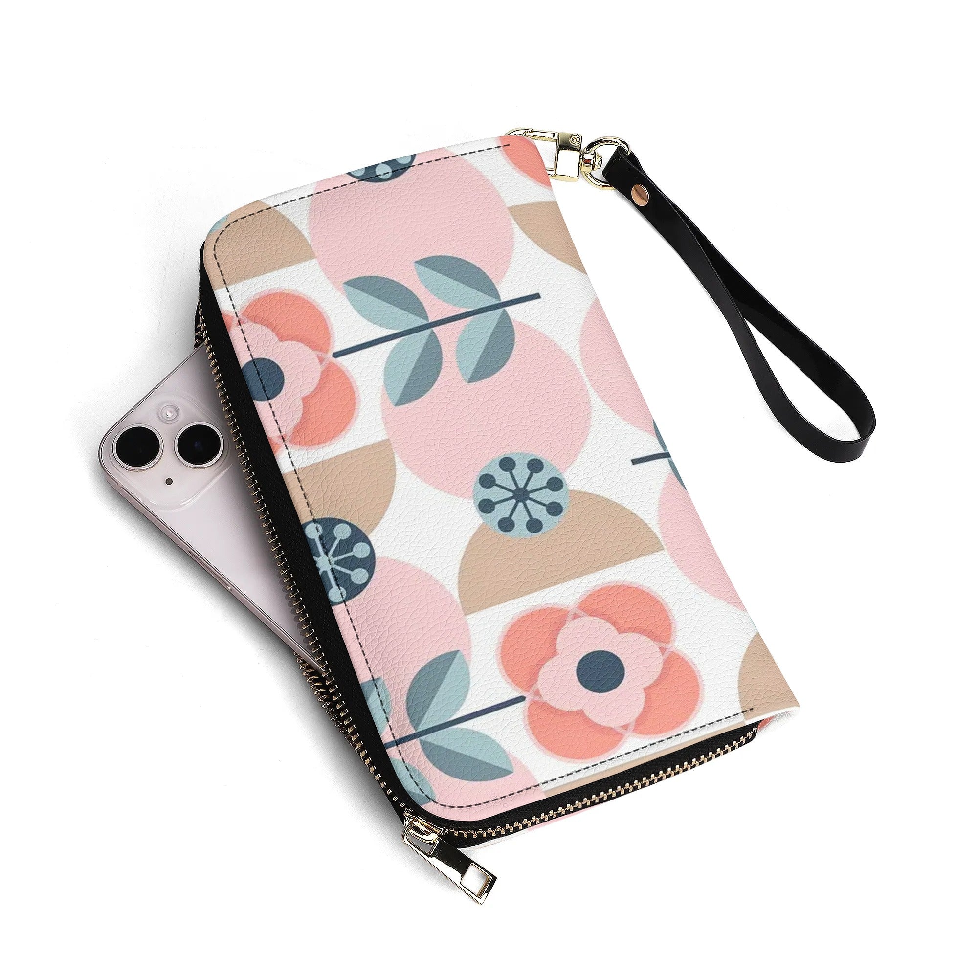 Scandinavian Pink And Blue Floral Designer Wallet Wristlet - Mid Century Modern Gal