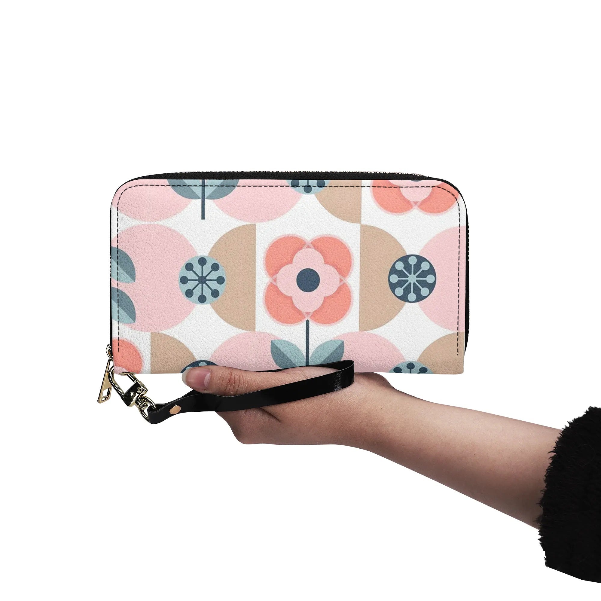 Scandinavian Pink And Blue Floral Designer Wallet Wristlet - Mid Century Modern Gal