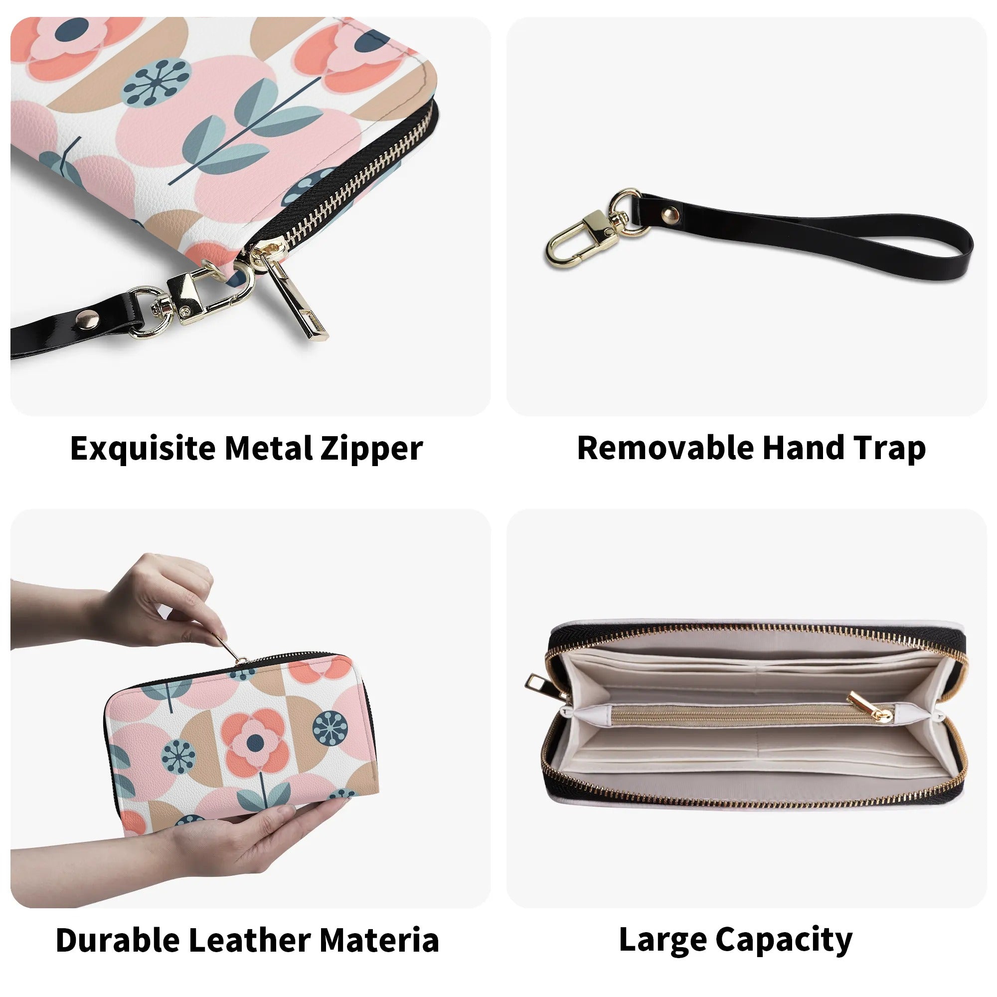 Scandinavian Pink And Blue Floral Designer Wallet Wristlet - Mid Century Modern Gal
