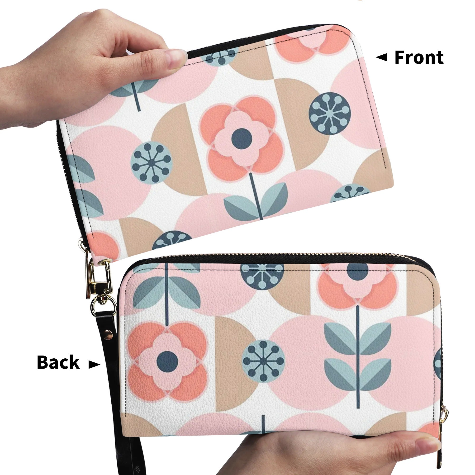 Scandinavian Pink And Blue Floral Designer Wallet Wristlet - Mid Century Modern Gal