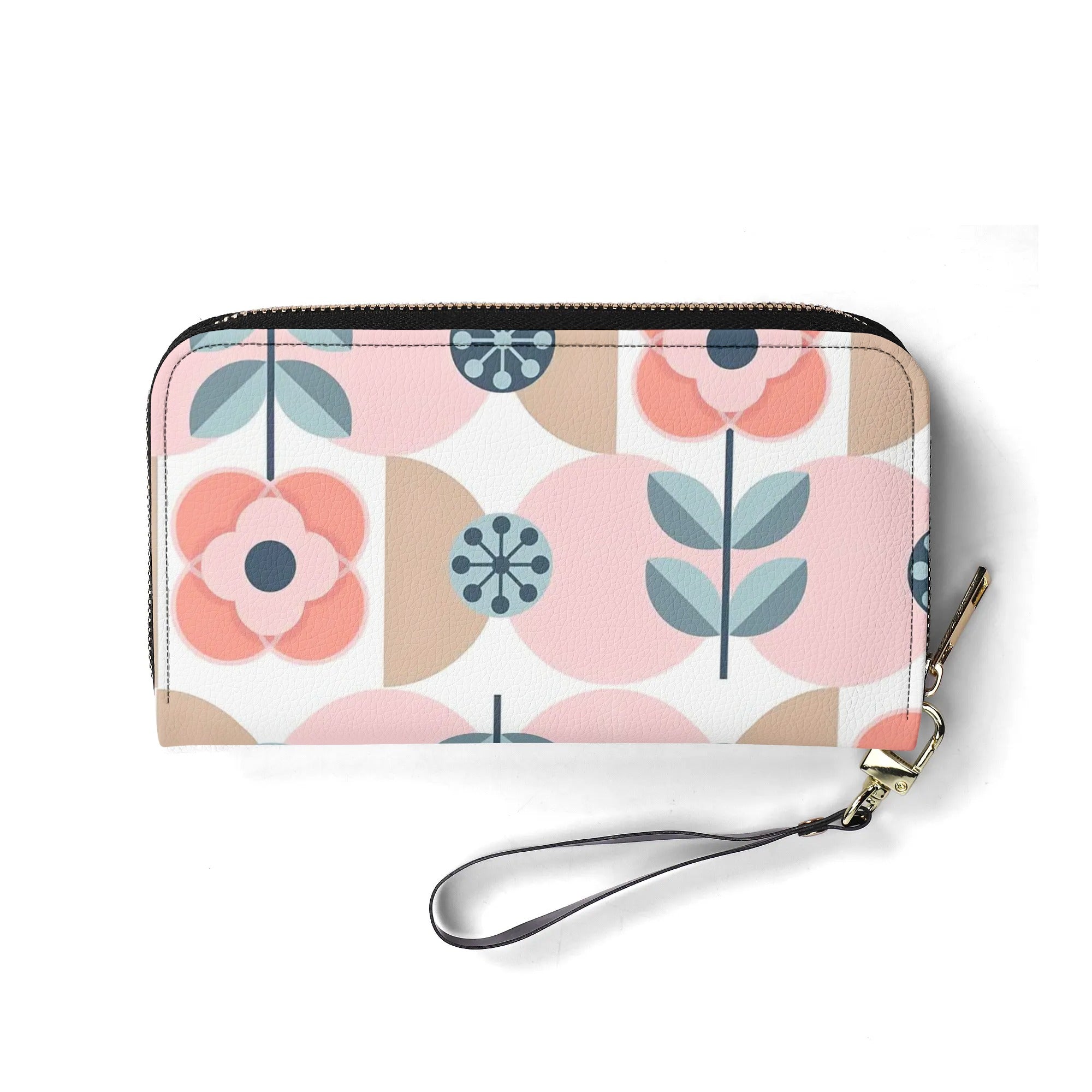 Scandinavian Pink And Blue Floral Designer Wallet Wristlet - Mid Century Modern Gal
