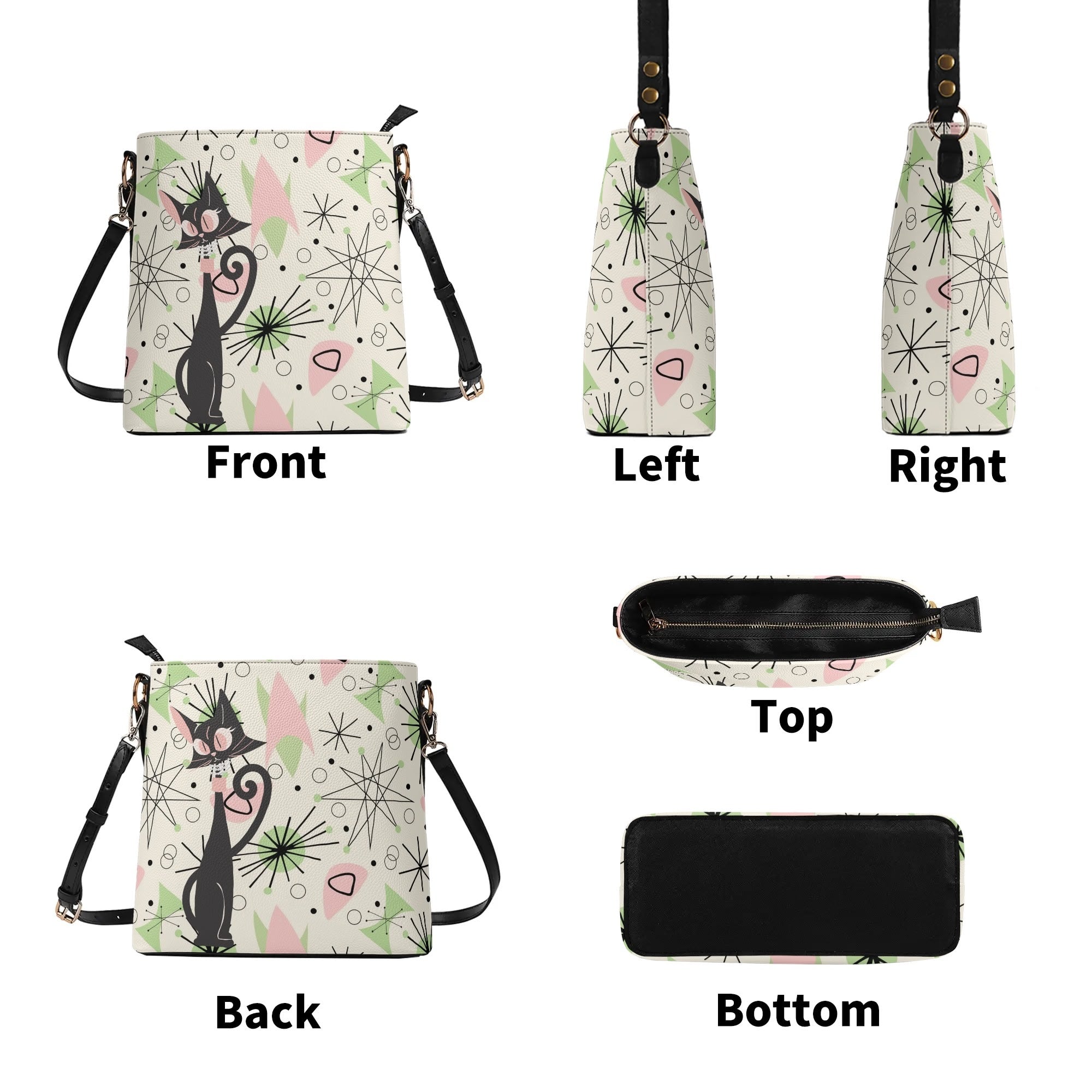 Atomic Cat Bucket Bag, Astro Atomic 50s Kitschy Style - Mid Century Modern Gal
