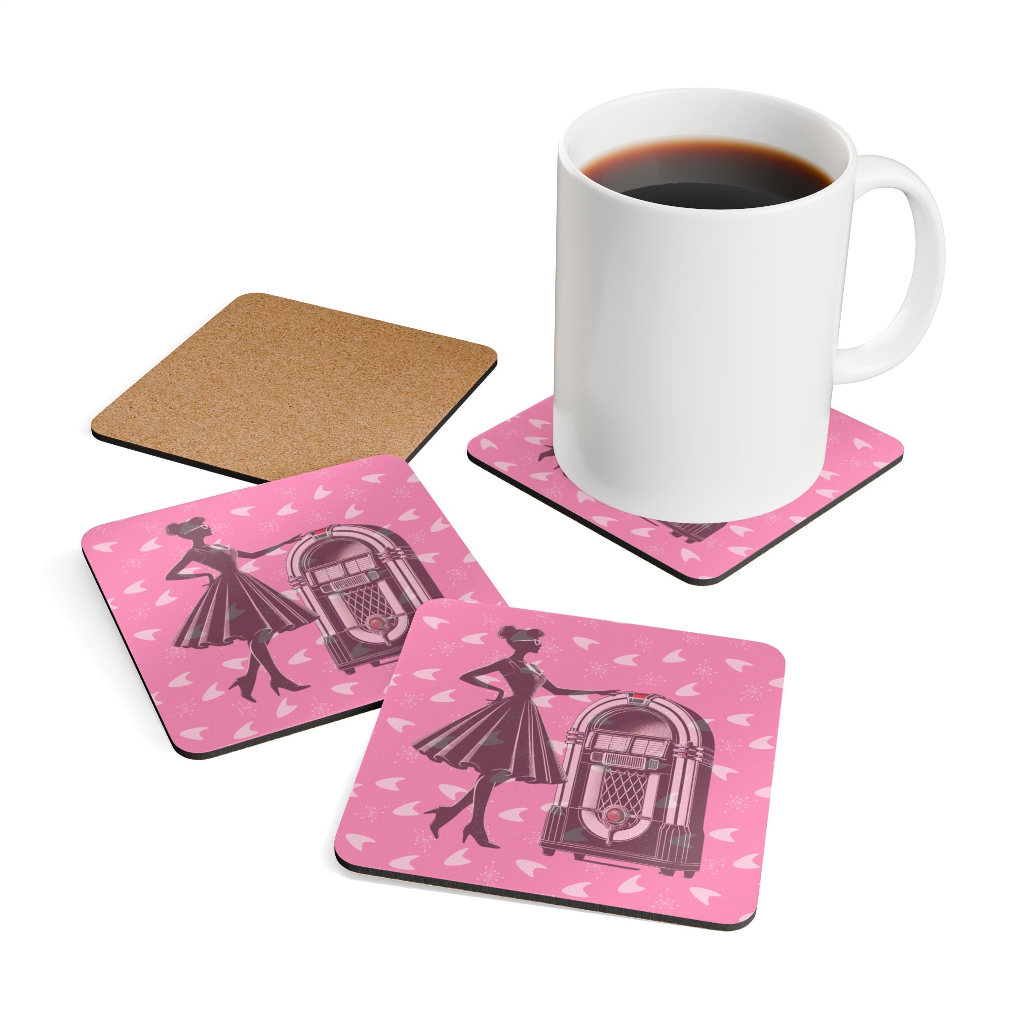 50s Diner, Pink Retro Jukebox Cork Coaster Set, Vintage Coasters, Bar Decor, Gift for Music Lovers - Mid Century Modern Gal