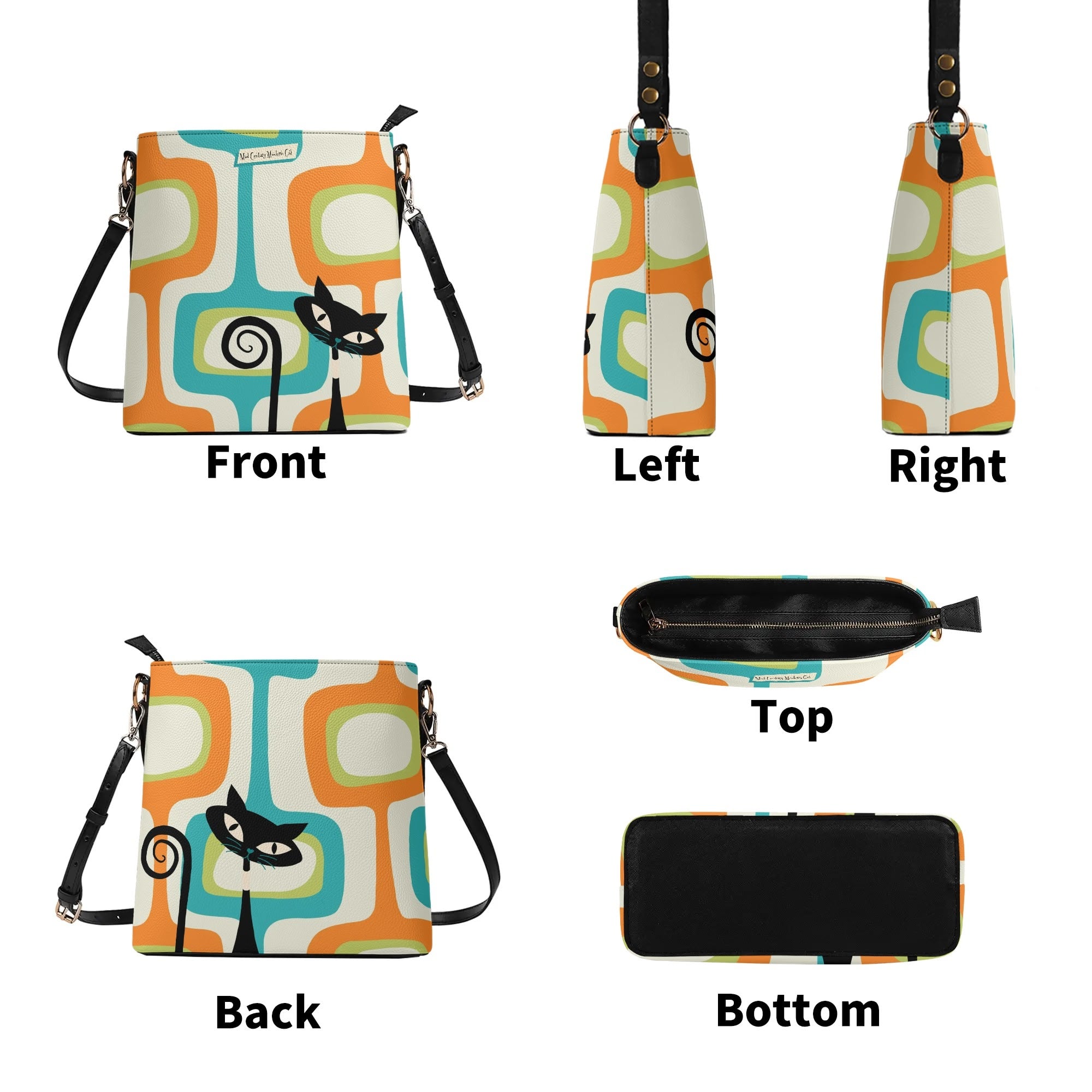 Mid Century Modern Atomic Cat Designed, Trendy, Kitschy Bucket Bag - Mid Century Modern Gal