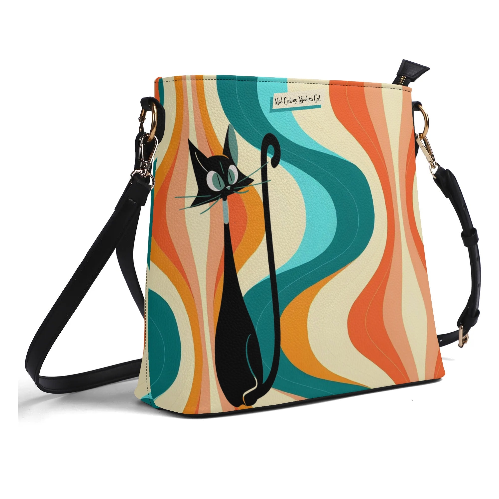 Mid Century Modern Atomic Cat Designed, Retro Groovy Kitschy Bucket Bag - Mid Century Modern Gal