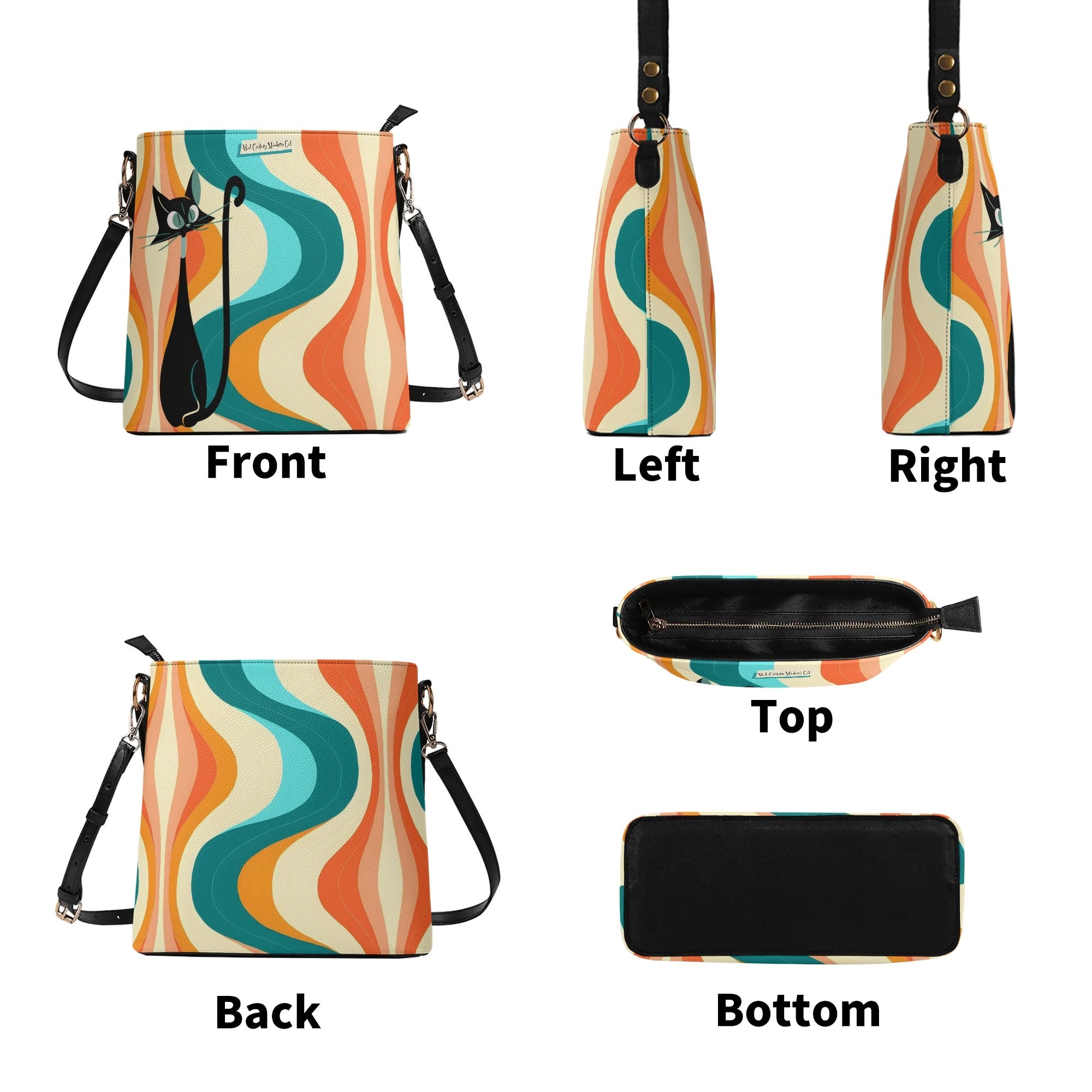 Mid Century Modern Atomic Cat Designed, Retro Groovy Kitschy Bucket Bag - Mid Century Modern Gal