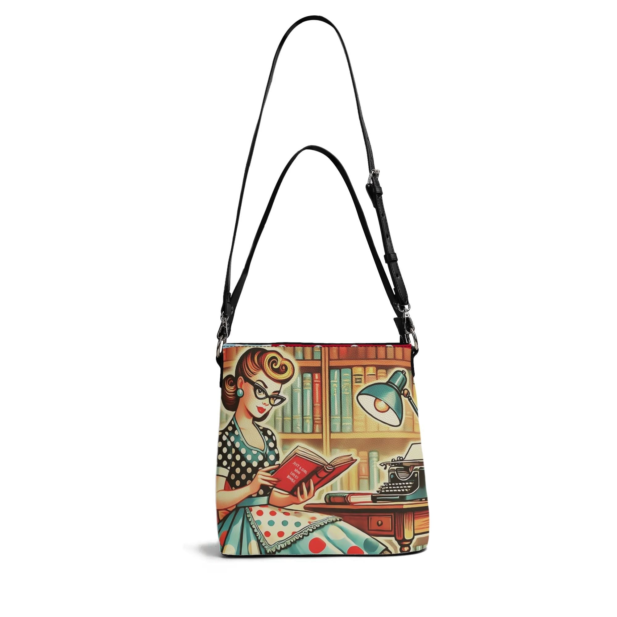 Just A Girl Who Loves Books Retro Bucket Bag, Kitschy Fun Book Lover Bag - Mid Century Modern Gal