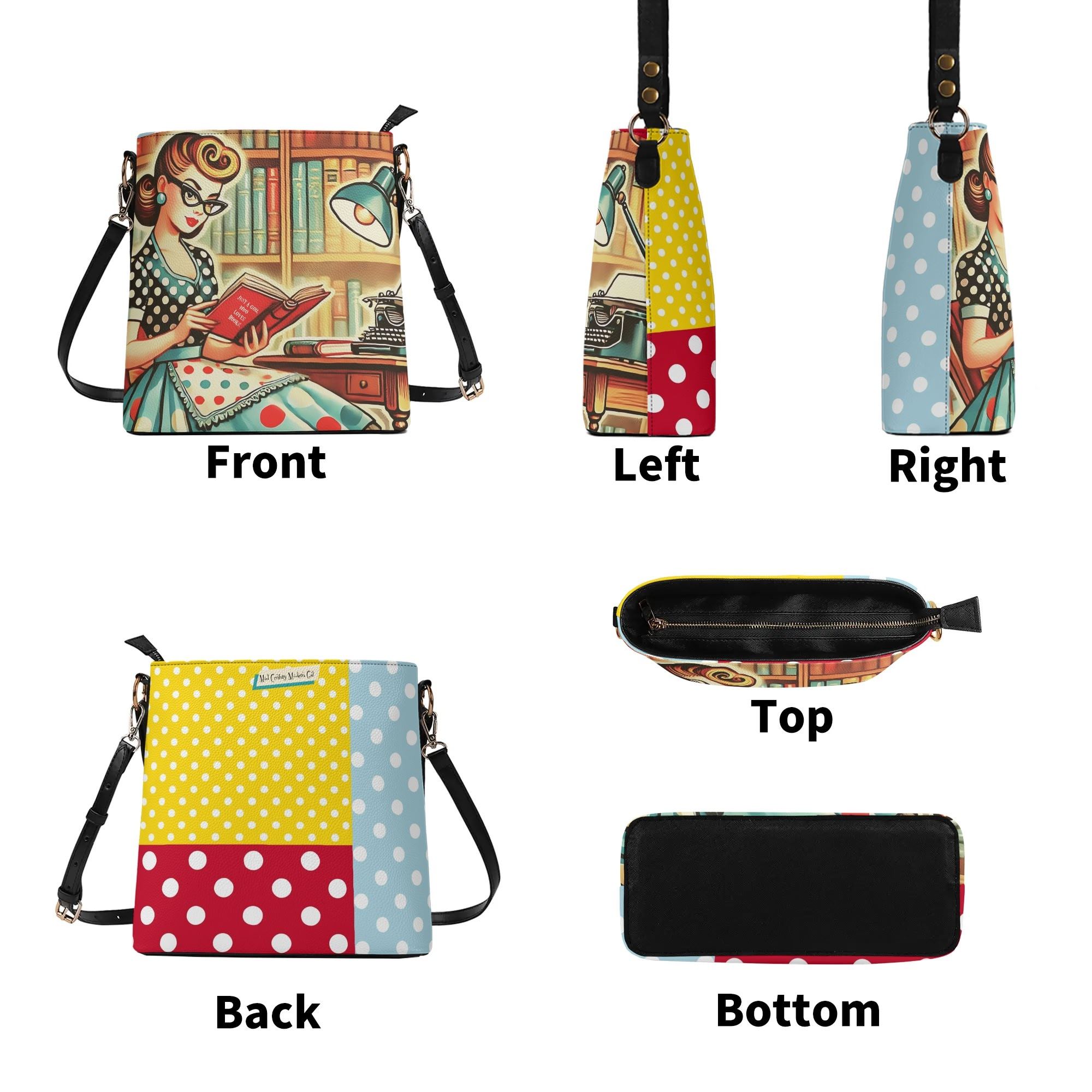 Just A Girl Who Loves Books Retro Bucket Bag, Kitschy Fun Book Lover Bag - Mid Century Modern Gal