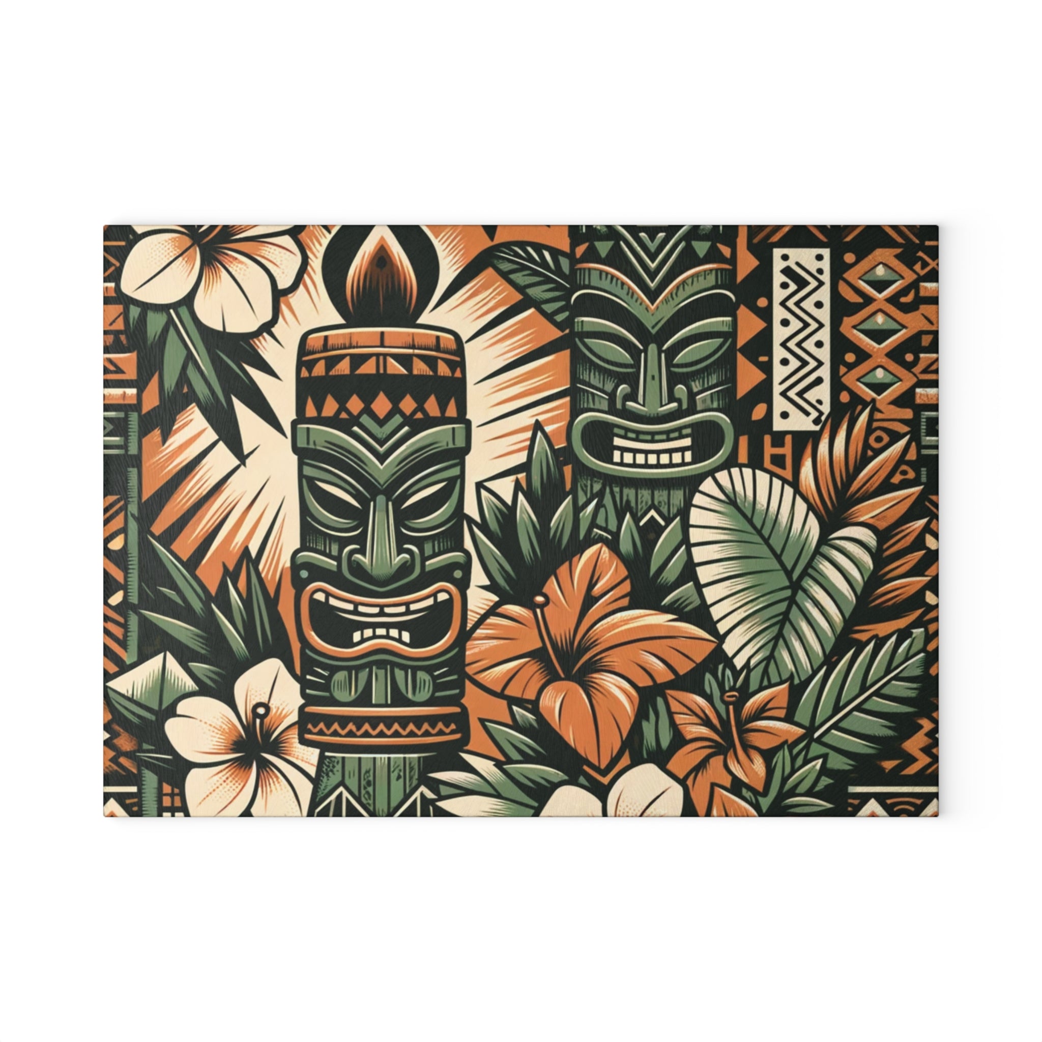 Tiki Idol, Polynesian Design, Green, Orange, Brown, Mid Century Modern Tiki Party Glass Cutting Board - Mid Century Modern Gal