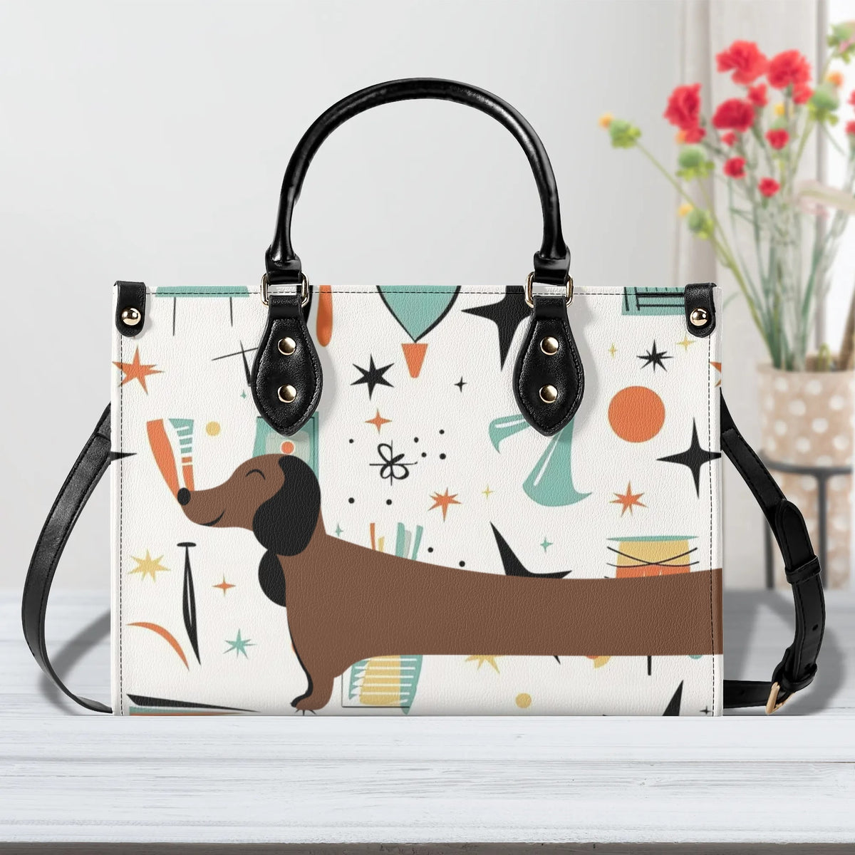 Mid Mox Doxie Lover, Kitschy Retro Trendy Atomic Handbag/Shoulder Bag - Mid Century Modern Gal