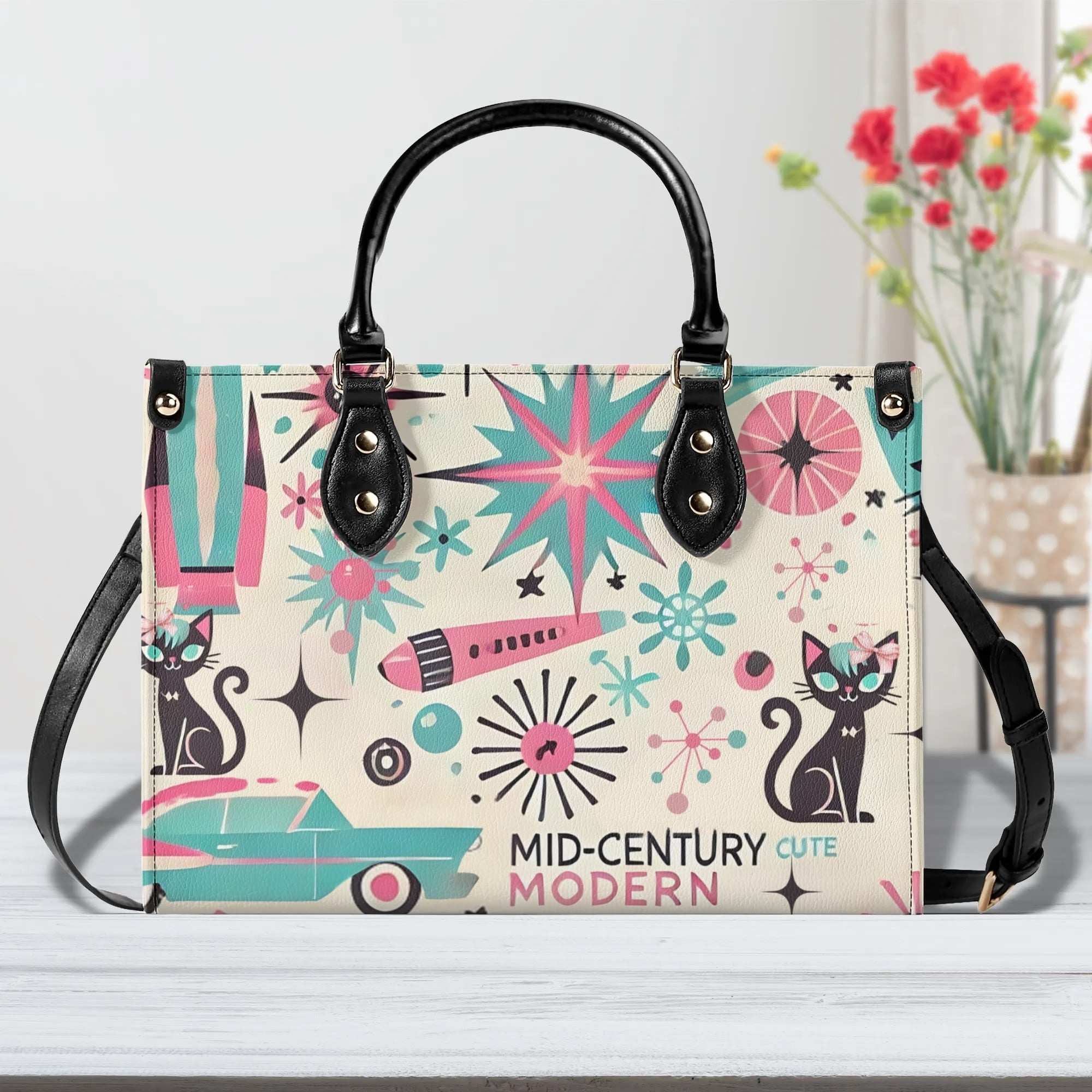 Coquette Bowed Atomic Kitties, Mid Century Modern Kitsch Handbag - Mid Century Modern Gal