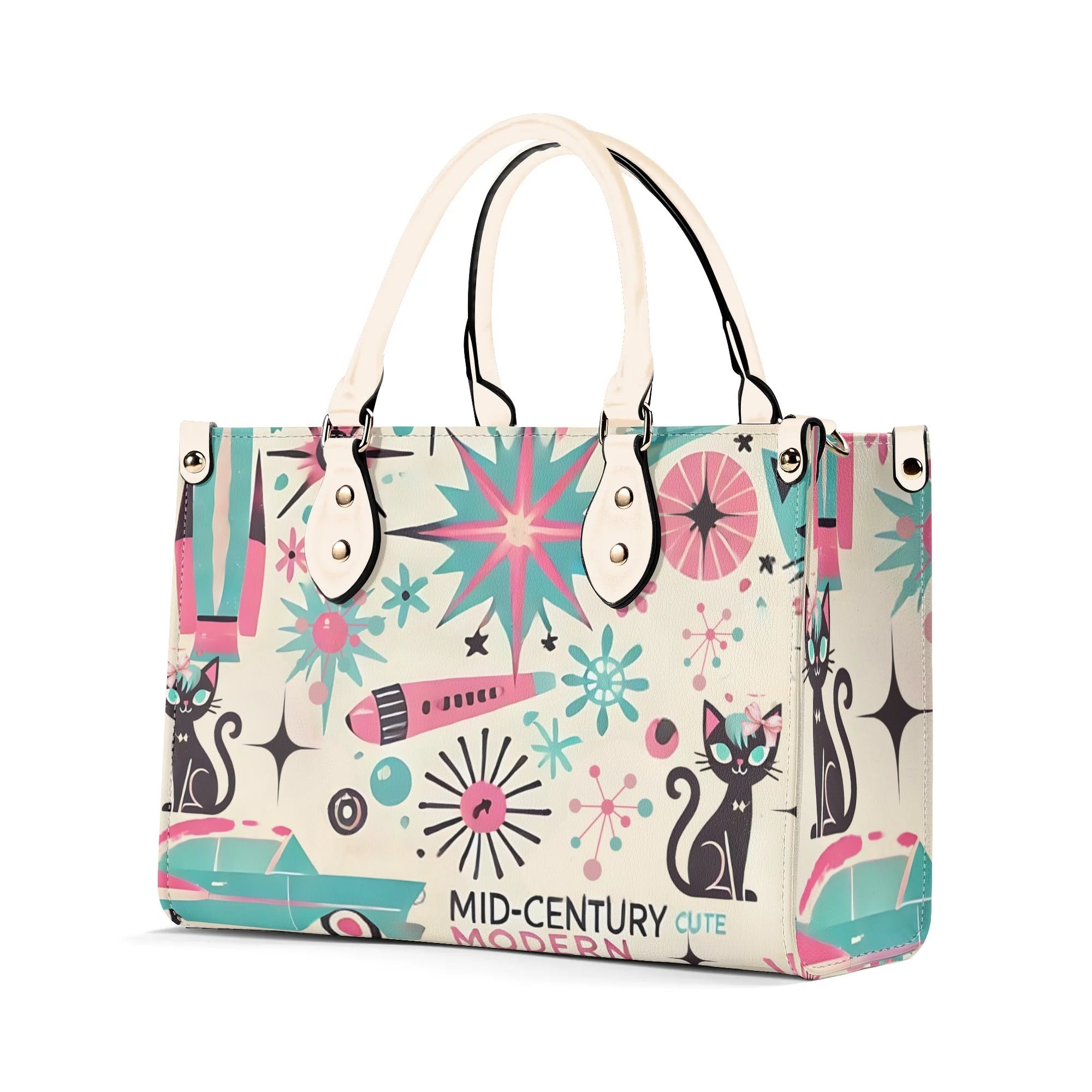 Coquette Bowed Atomic Kitties, Mid Century Modern Kitsch Handbag - Mid Century Modern Gal