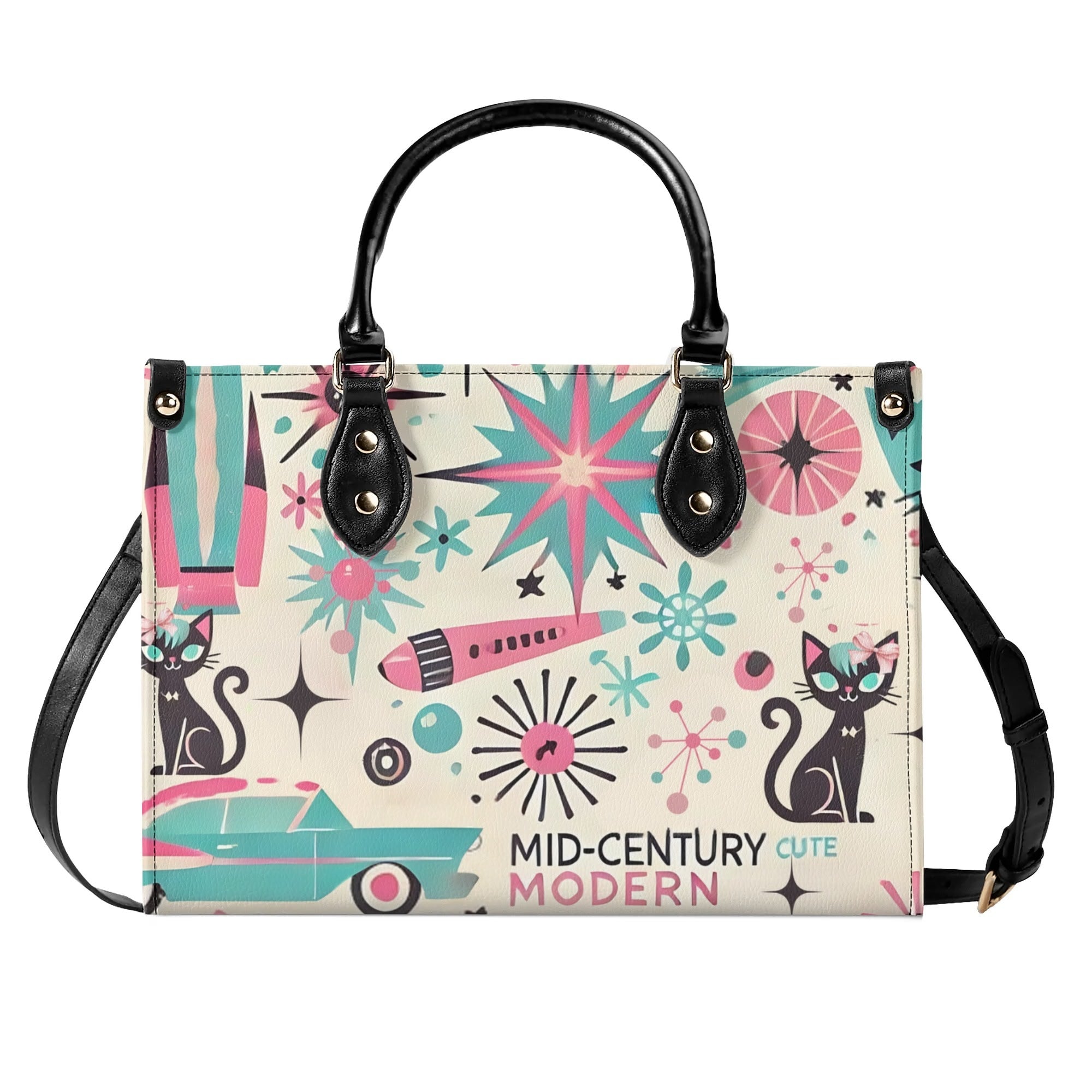 Coquette Bowed Atomic Kitties, Mid Century Modern Kitsch Handbag - Mid Century Modern Gal