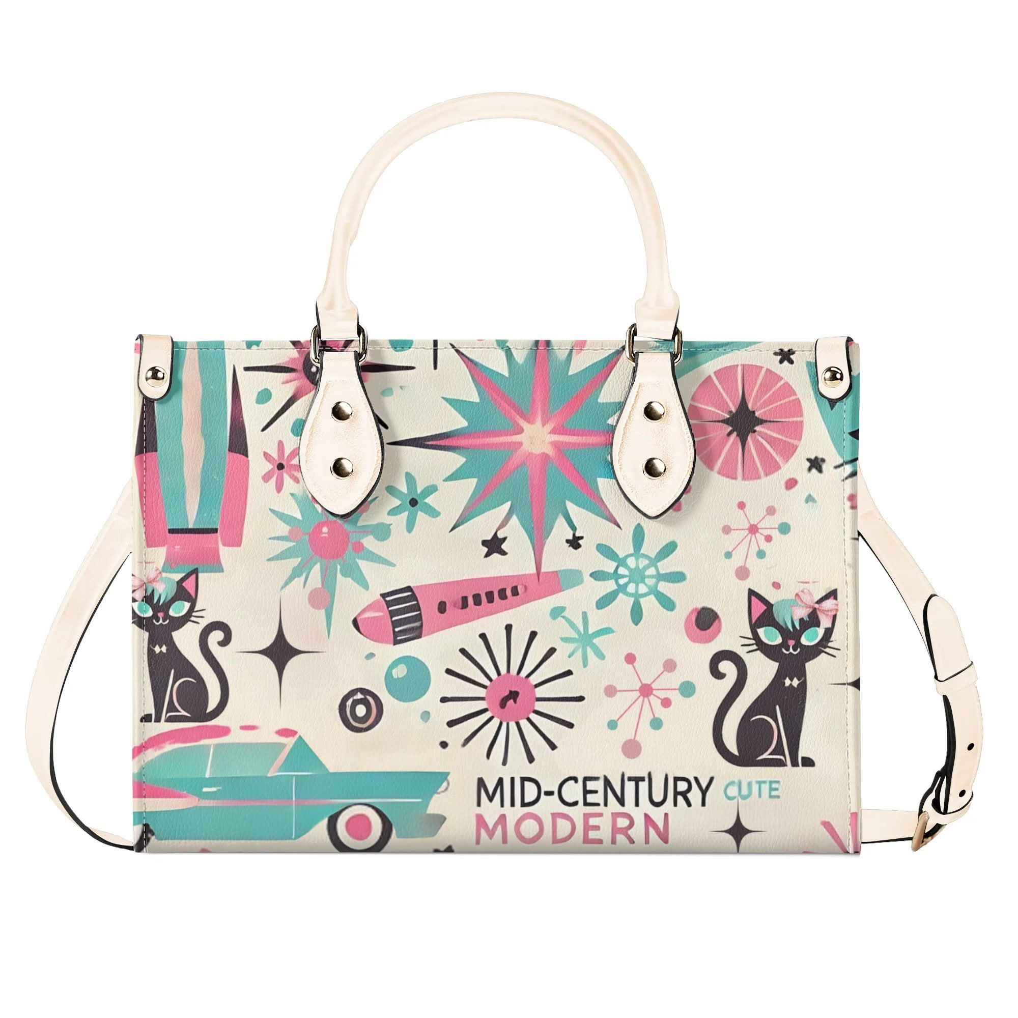 Coquette Bowed Atomic Kitties, Mid Century Modern Kitsch Handbag - Mid Century Modern Gal