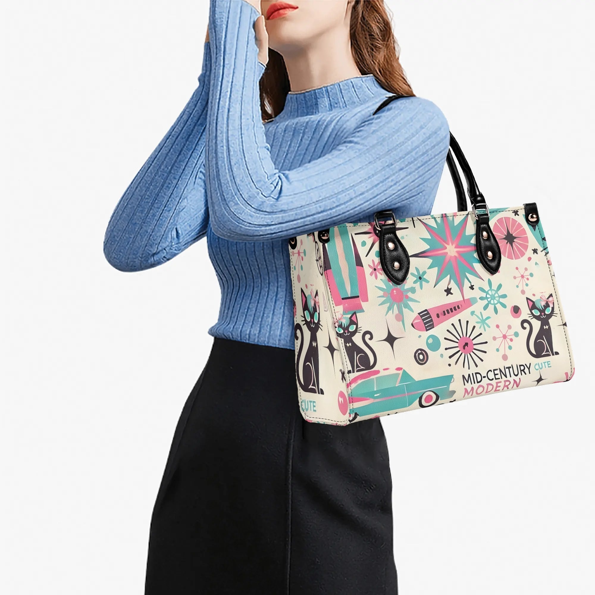 Coquette Bowed Atomic Kitties, Mid Century Modern Kitsch Handbag - Mid Century Modern Gal