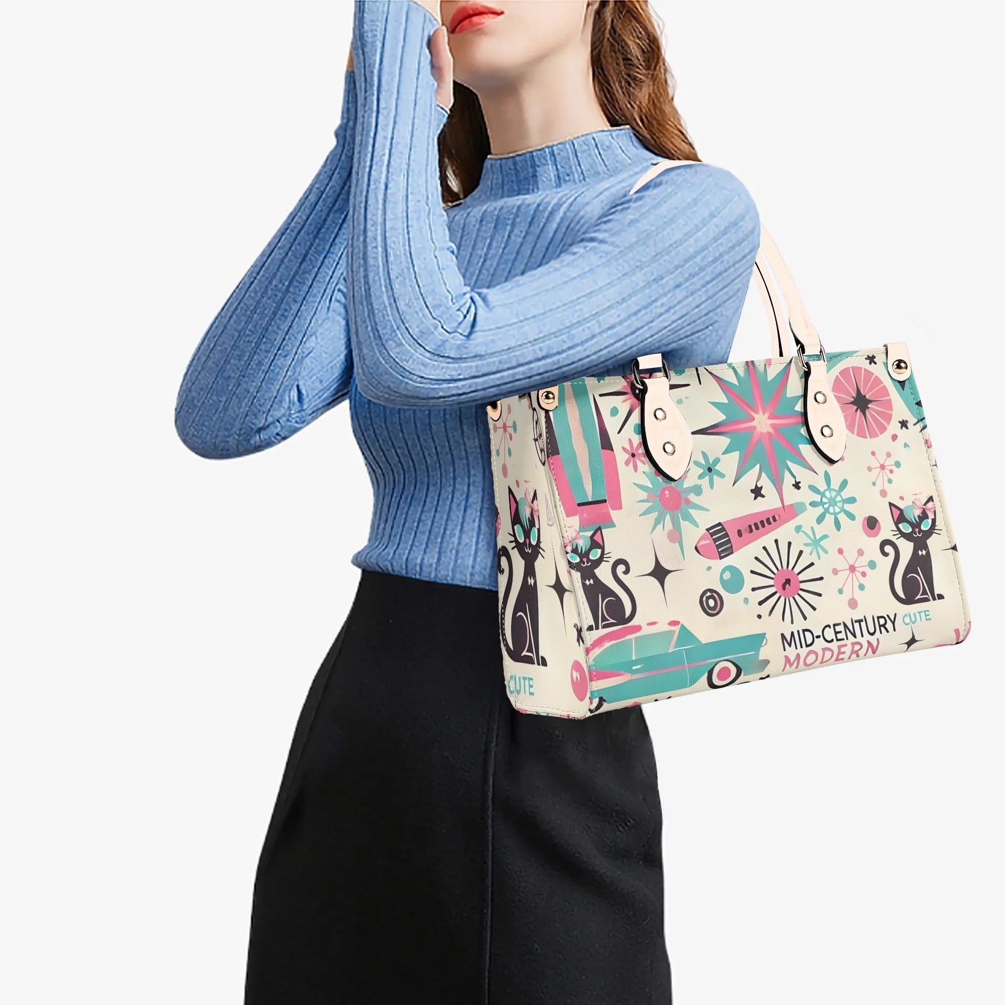 Coquette Bowed Atomic Kitties, Mid Century Modern Kitsch Handbag - Mid Century Modern Gal