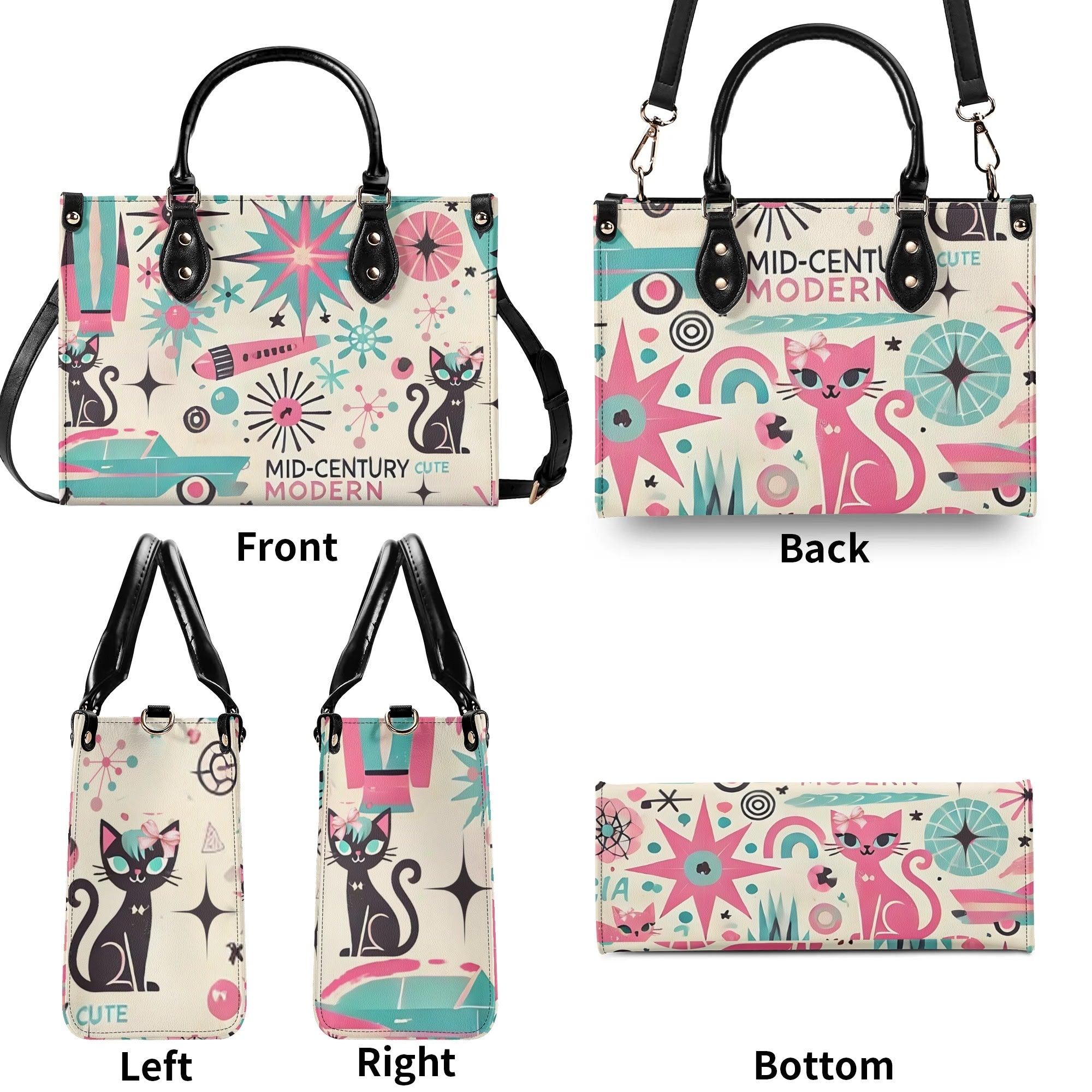 Coquette Bowed Atomic Kitties, Mid Century Modern Kitsch Handbag - Mid Century Modern Gal