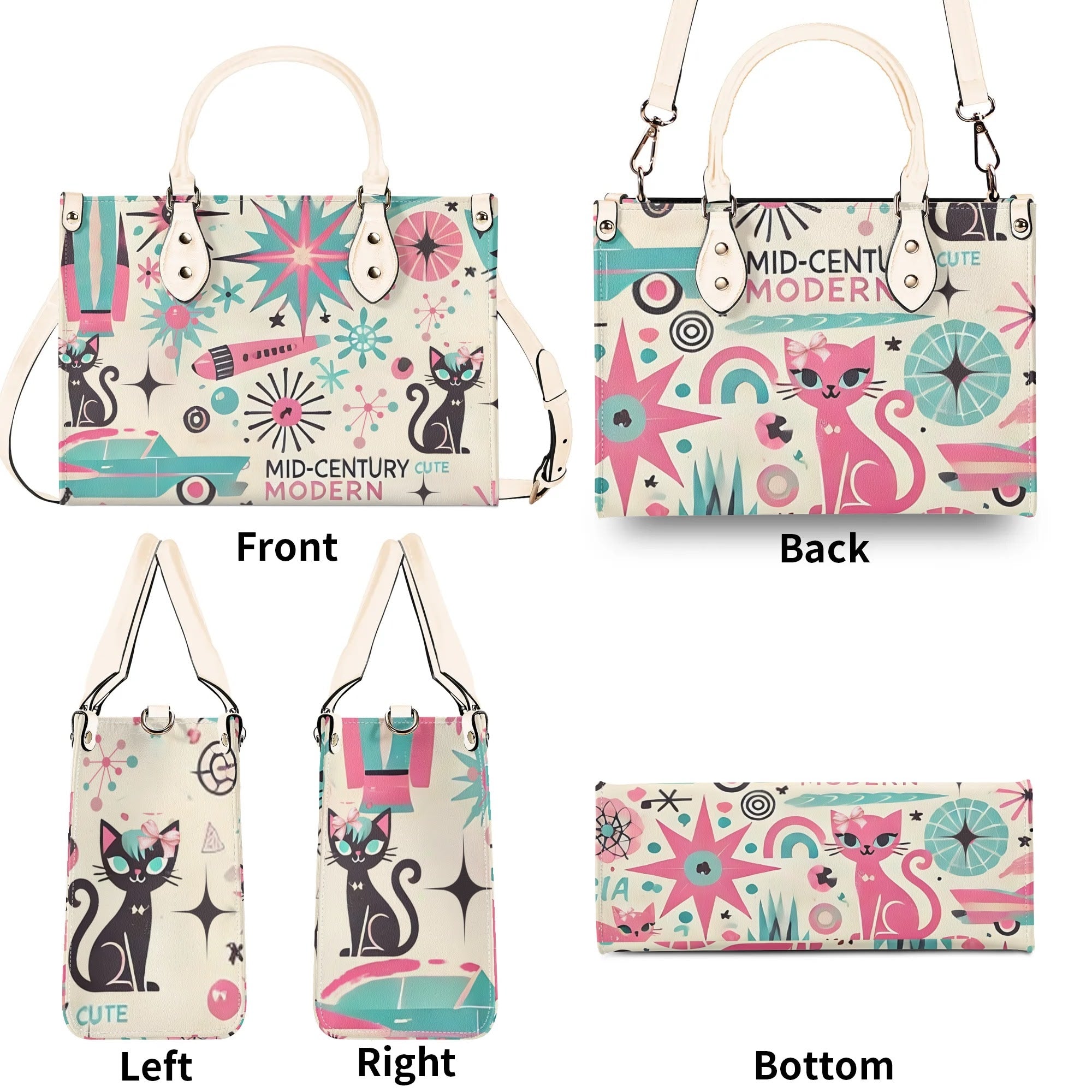 Coquette Bowed Atomic Kitties, Mid Century Modern Kitsch Handbag - Mid Century Modern Gal