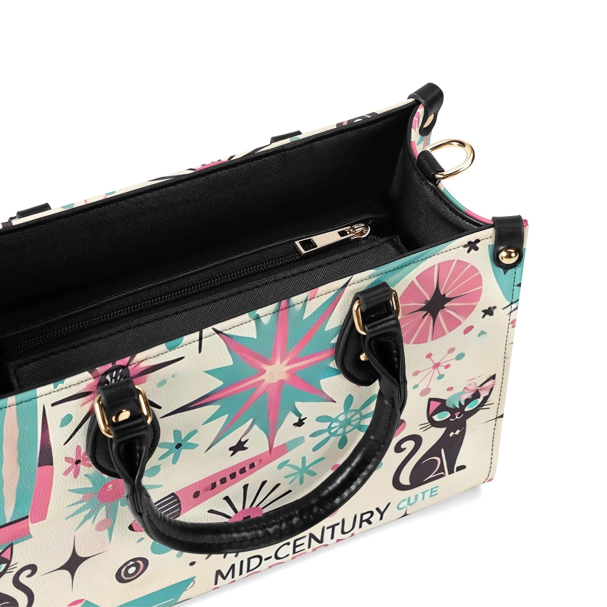 Coquette Bowed Atomic Kitties, Mid Century Modern Kitsch Handbag - Mid Century Modern Gal