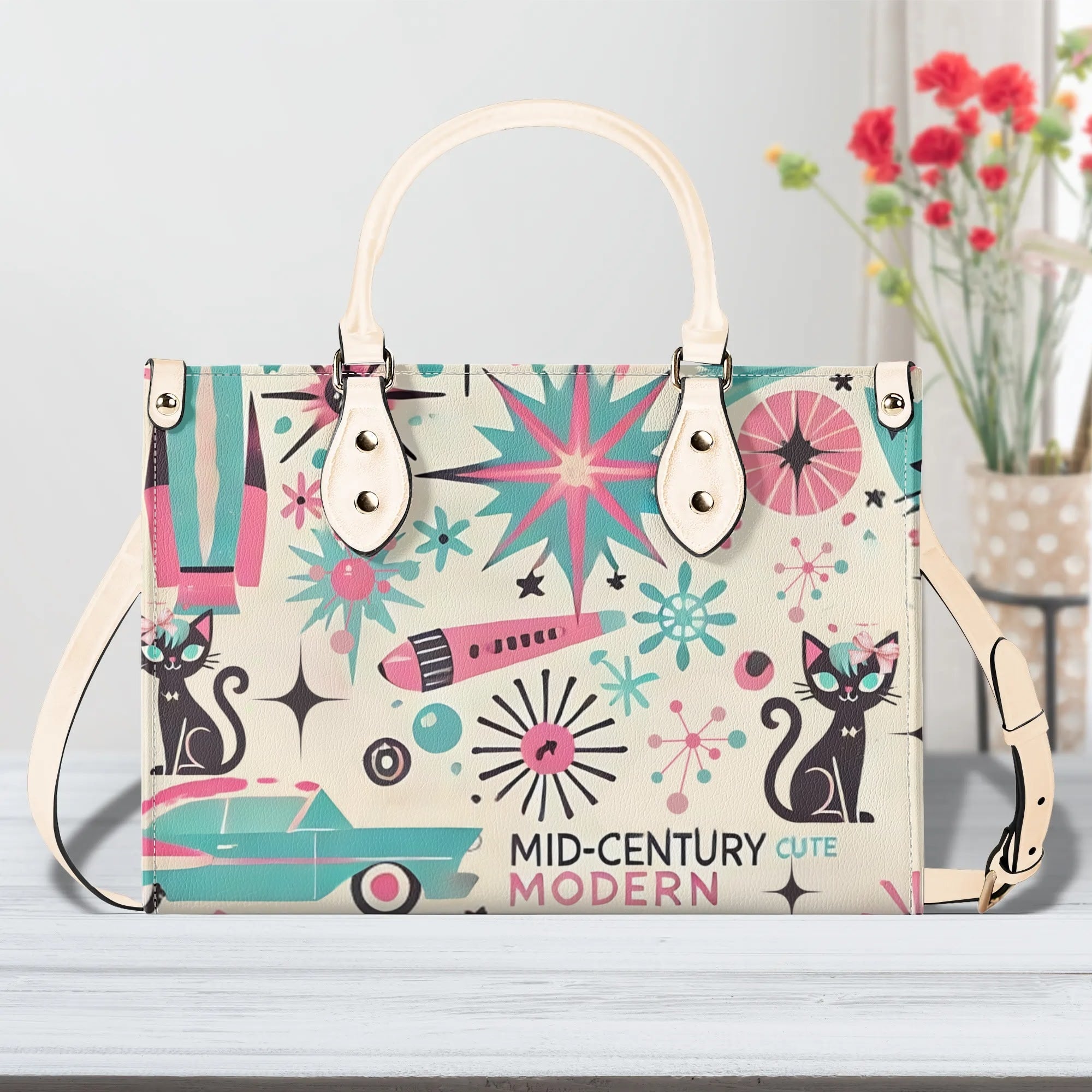 Coquette Bowed Atomic Kitties, Mid Century Modern Kitsch Handbag - Mid Century Modern Gal