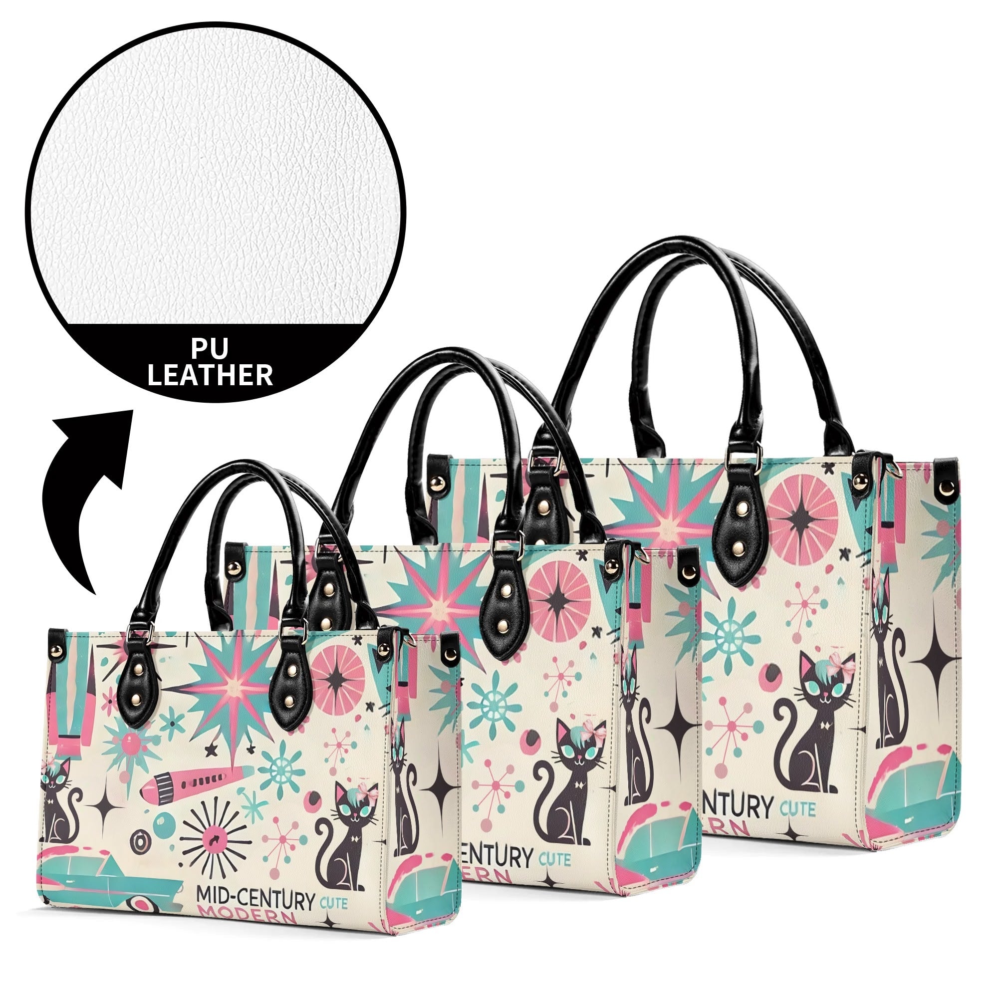 Coquette Bowed Atomic Kitties, Mid Century Modern Kitsch Handbag - Mid Century Modern Gal