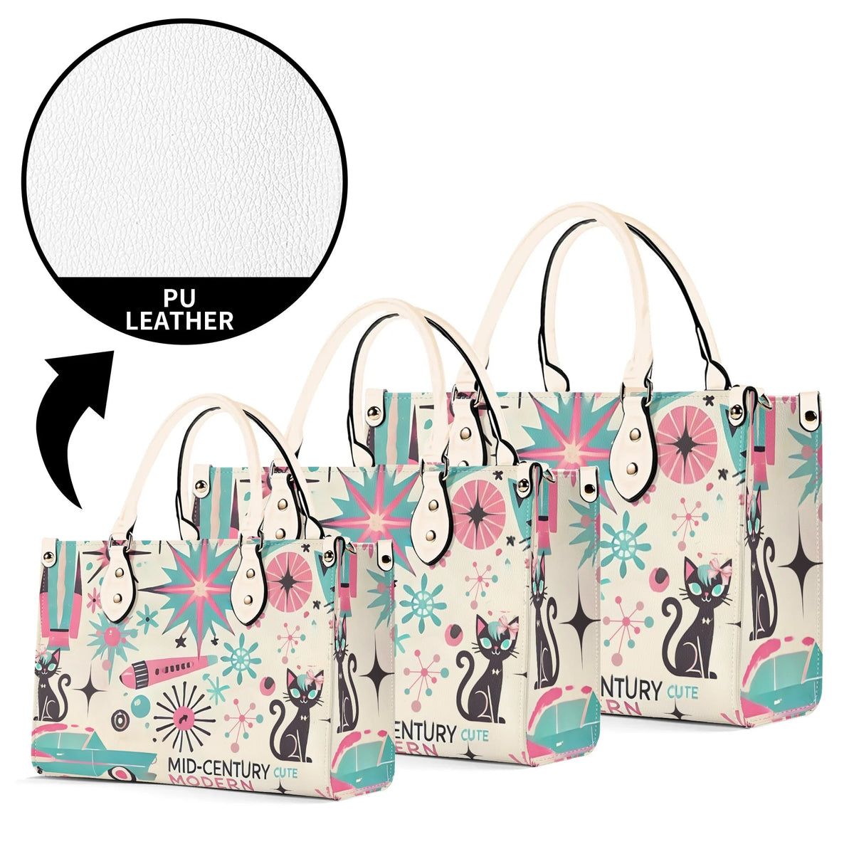 Coquette Bowed Atomic Kitties, Mid Century Modern Kitsch Handbag - Mid Century Modern Gal