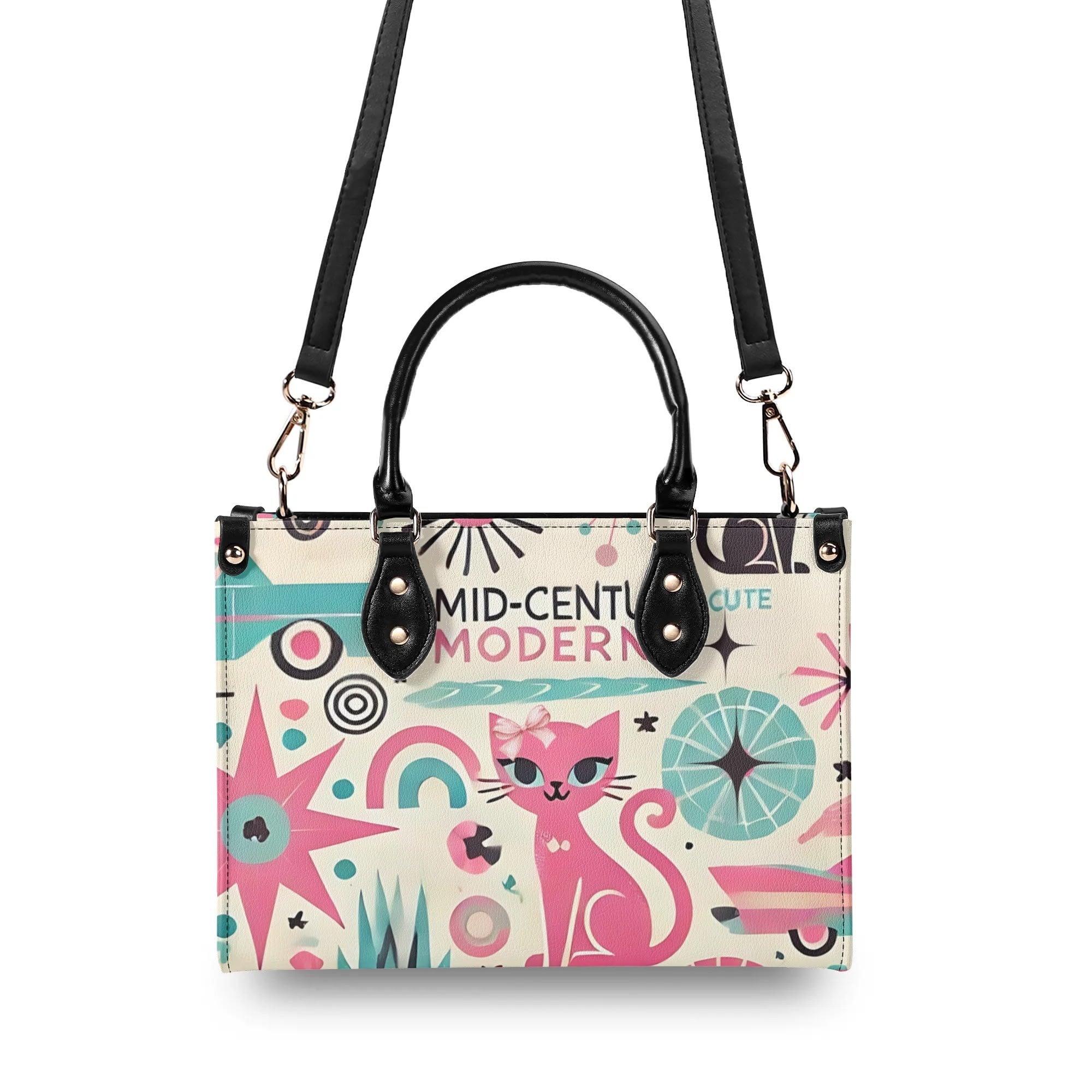 Coquette Bowed Atomic Kitties, Mid Century Modern Kitsch Handbag - Mid Century Modern Gal