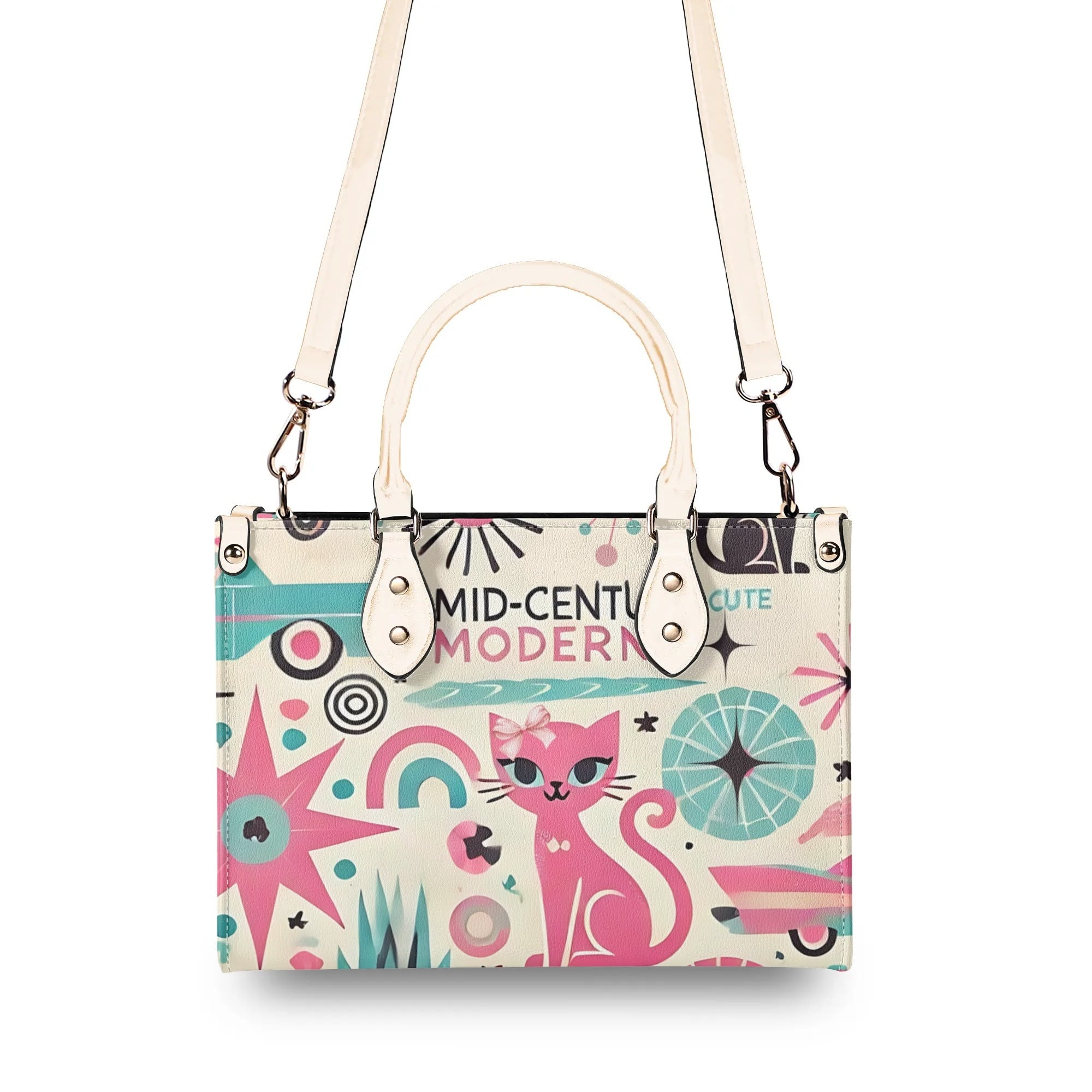 Coquette Bowed Atomic Kitties, Mid Century Modern Kitsch Handbag - Mid Century Modern Gal