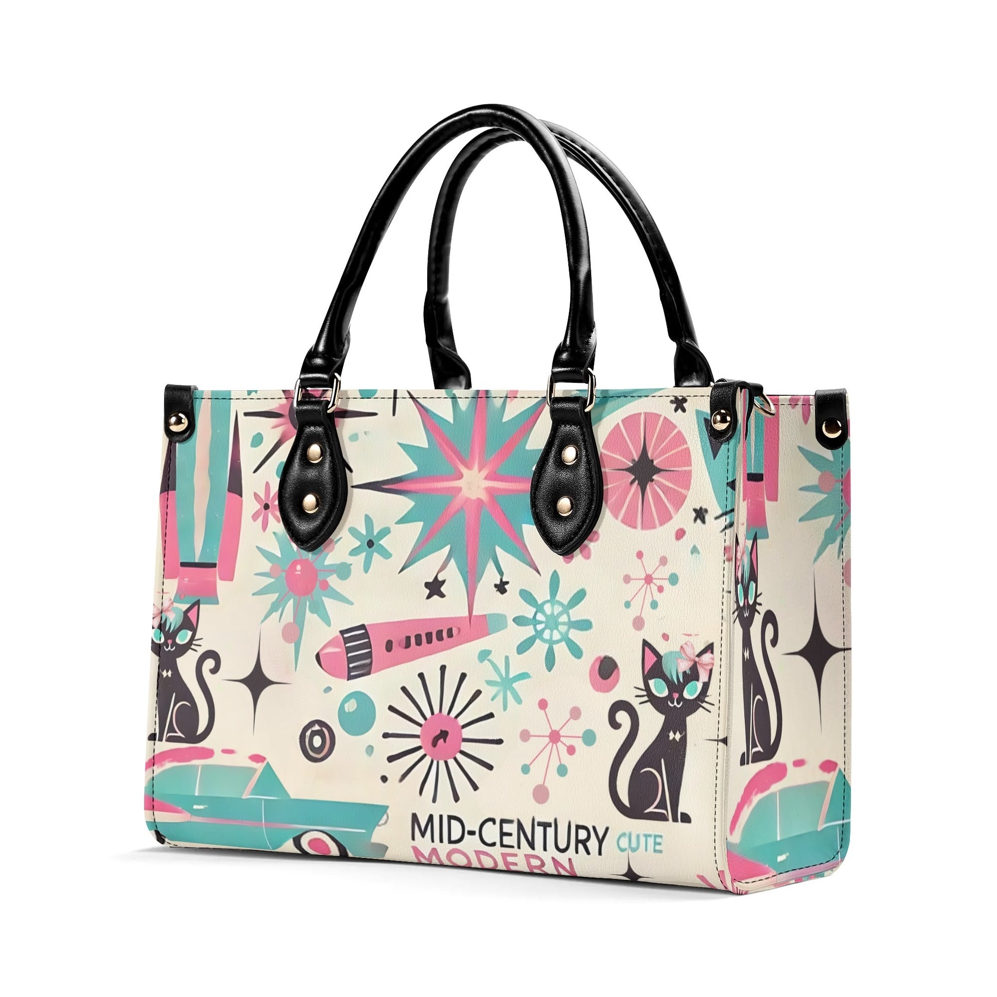 Coquette Bowed Atomic Kitties, Mid Century Modern Kitsch Handbag - Mid Century Modern Gal