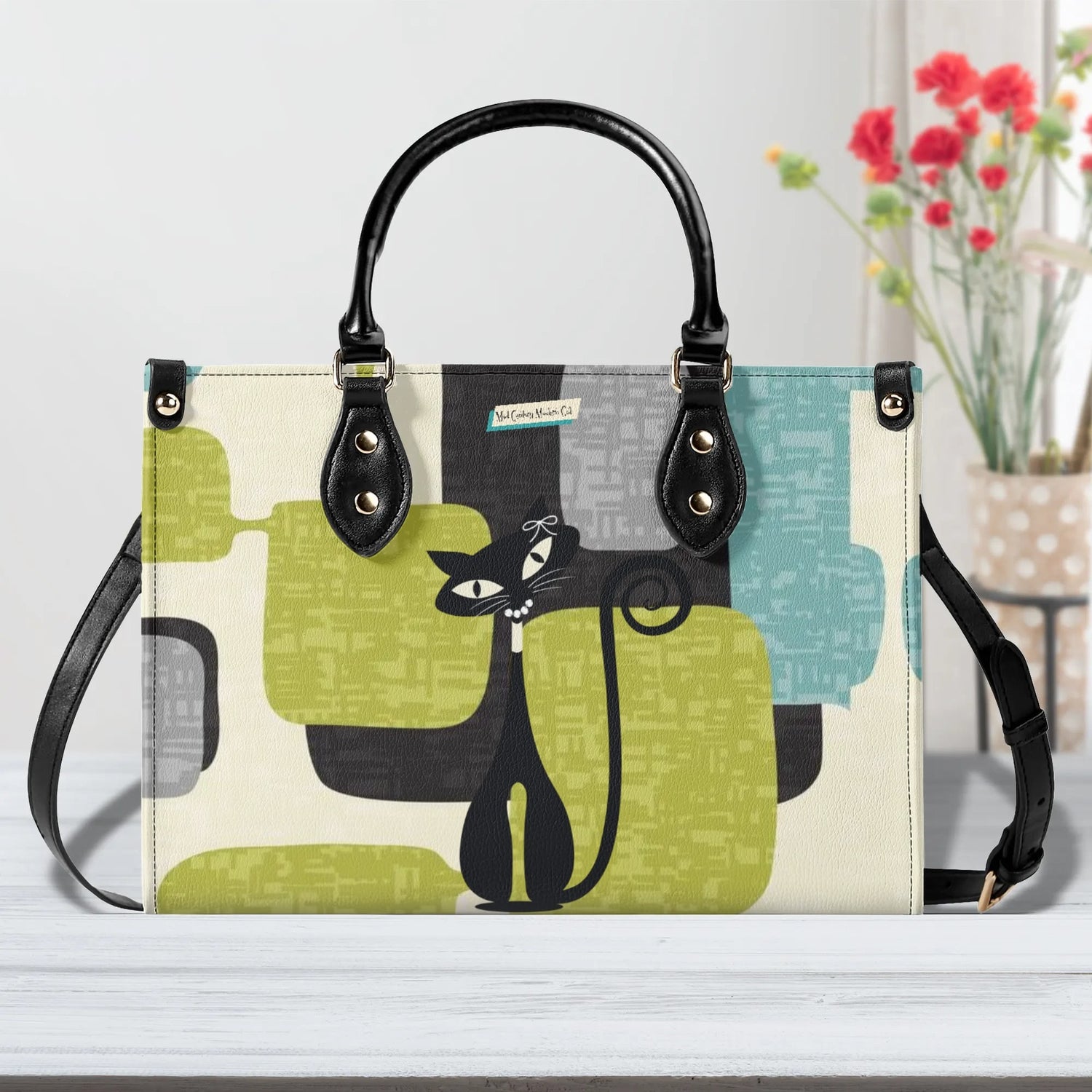Mid Century Modern Atomic Cat, Mid Mod Geometric Aqua, Green Handbag - Mid Century Modern Gal