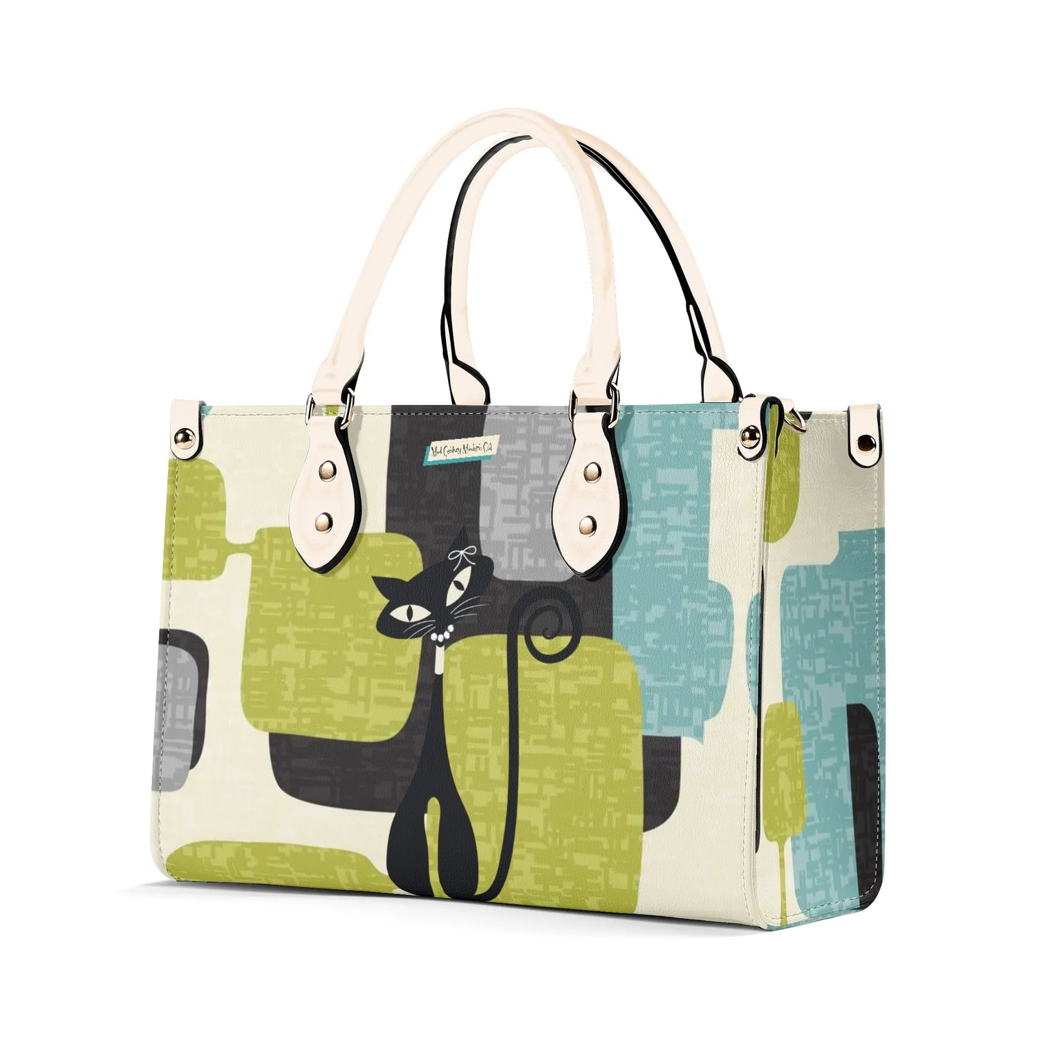 Mid Century Modern Atomic Cat, Mid Mod Geometric Aqua, Green Handbag - Mid Century Modern Gal