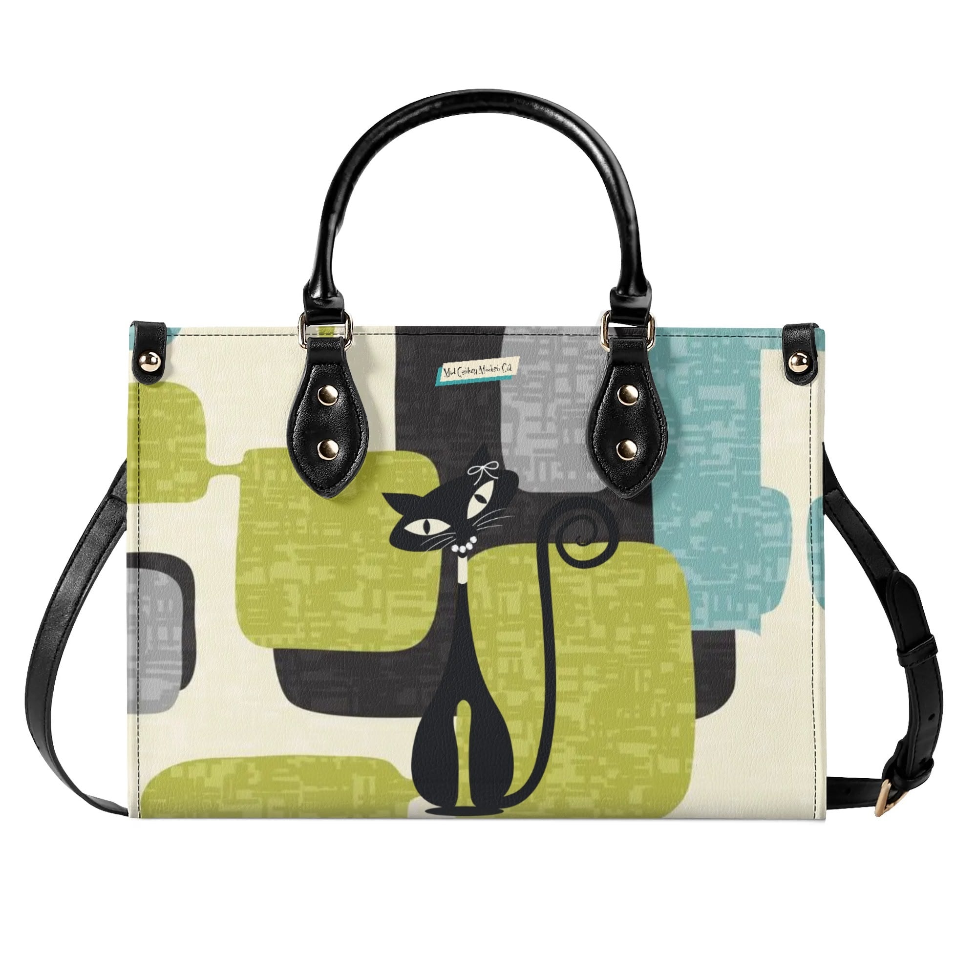Mid Century Modern Atomic Cat, Mid Mod Geometric Aqua, Green Handbag - Mid Century Modern Gal