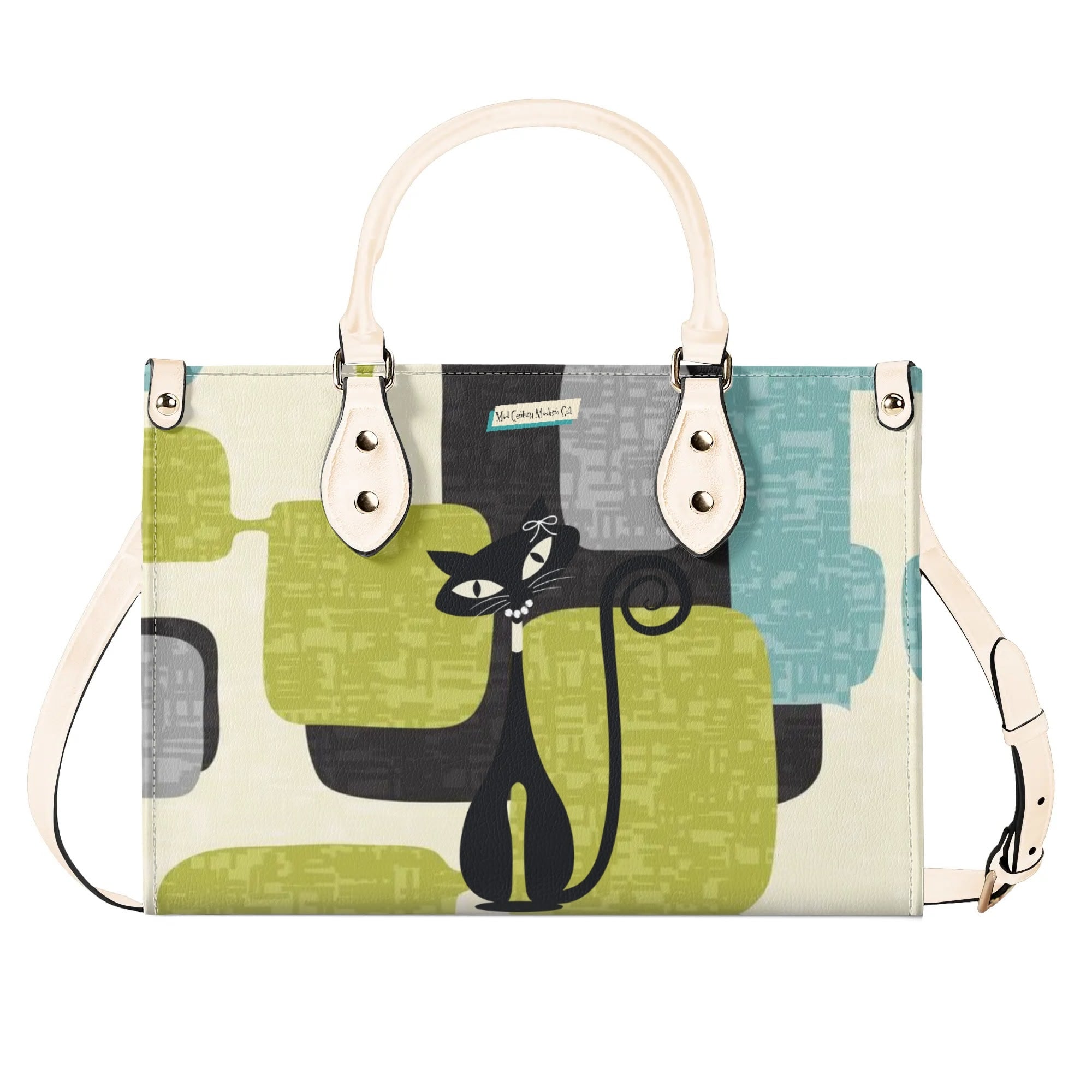 Mid Century Modern Atomic Cat, Mid Mod Geometric Aqua, Green Handbag - Mid Century Modern Gal