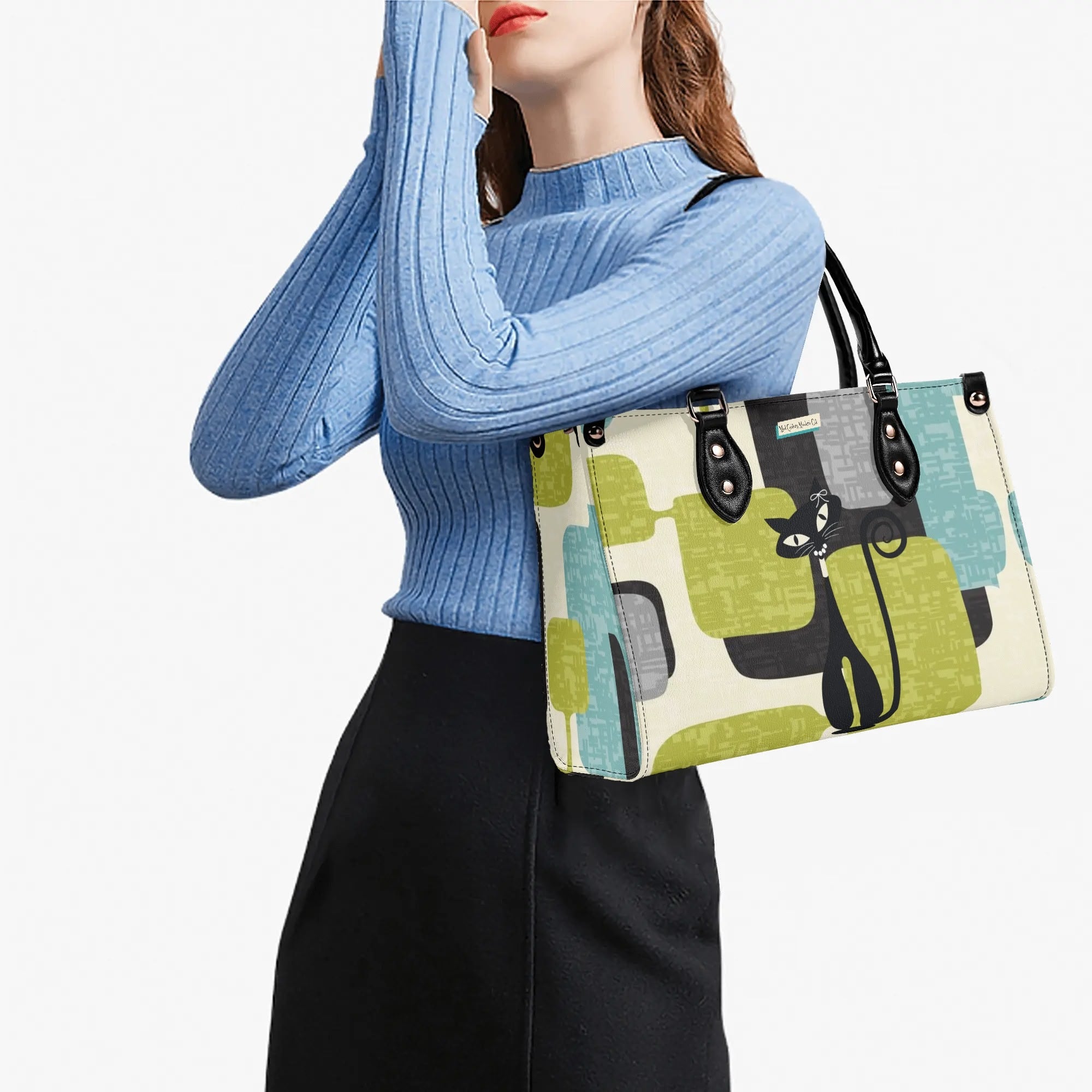 Mid Century Modern Atomic Cat, Mid Mod Geometric Aqua, Green Handbag - Mid Century Modern Gal