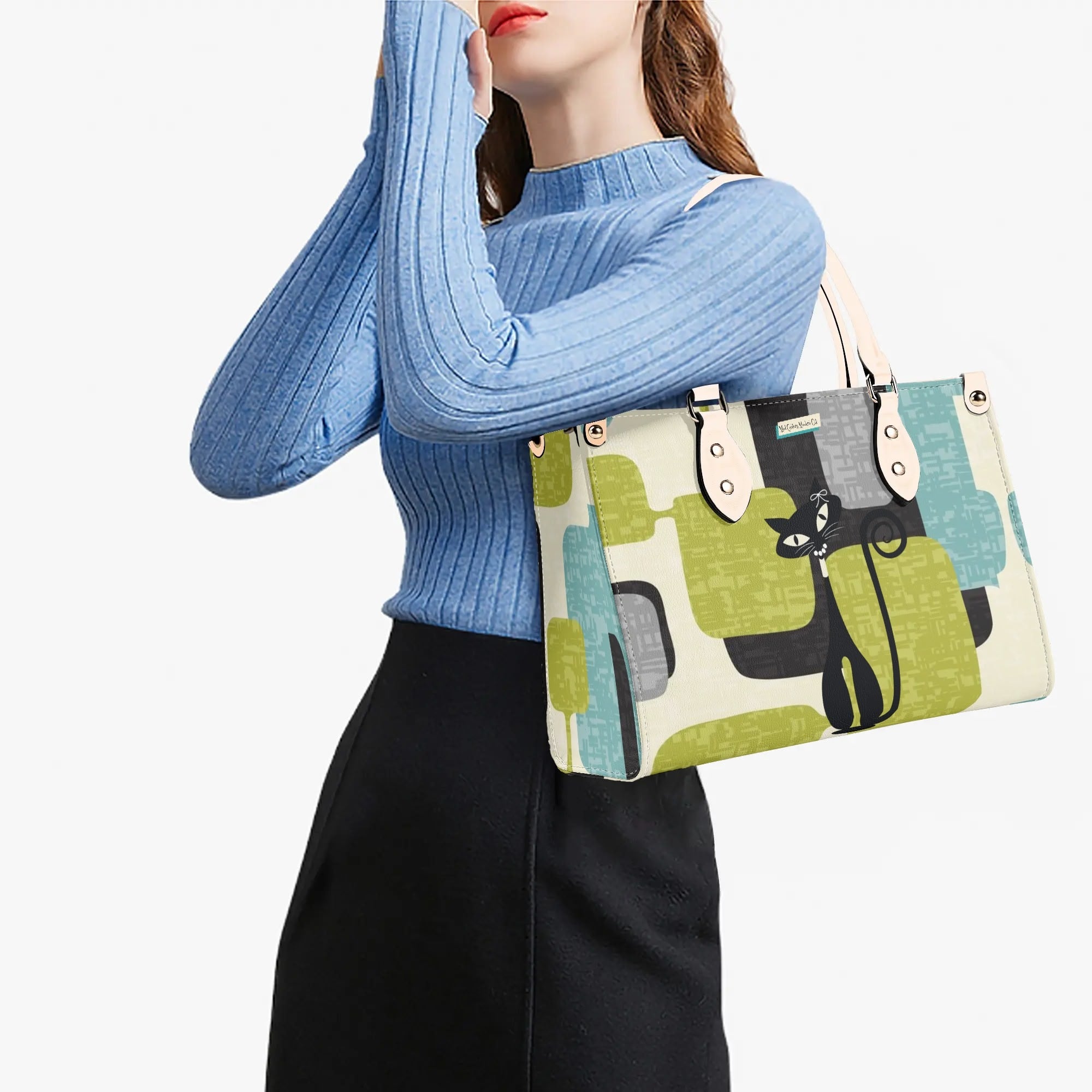 Mid Century Modern Atomic Cat, Mid Mod Geometric Aqua, Green Handbag - Mid Century Modern Gal