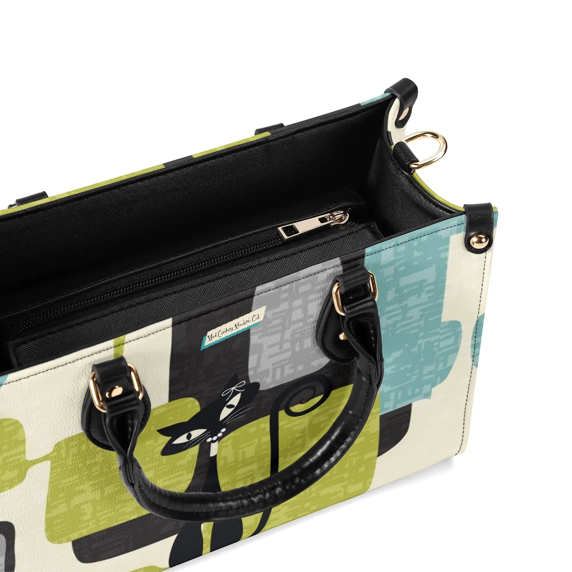 Mid Century Modern Atomic Cat, Mid Mod Geometric Aqua, Green Handbag - Mid Century Modern Gal