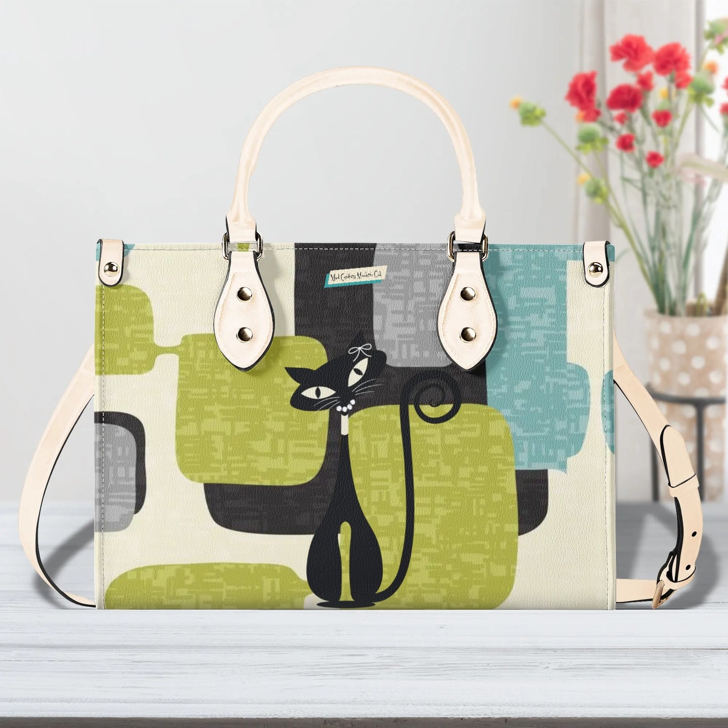 Mid Century Modern Atomic Cat, Mid Mod Geometric Aqua, Green Handbag - Mid Century Modern Gal