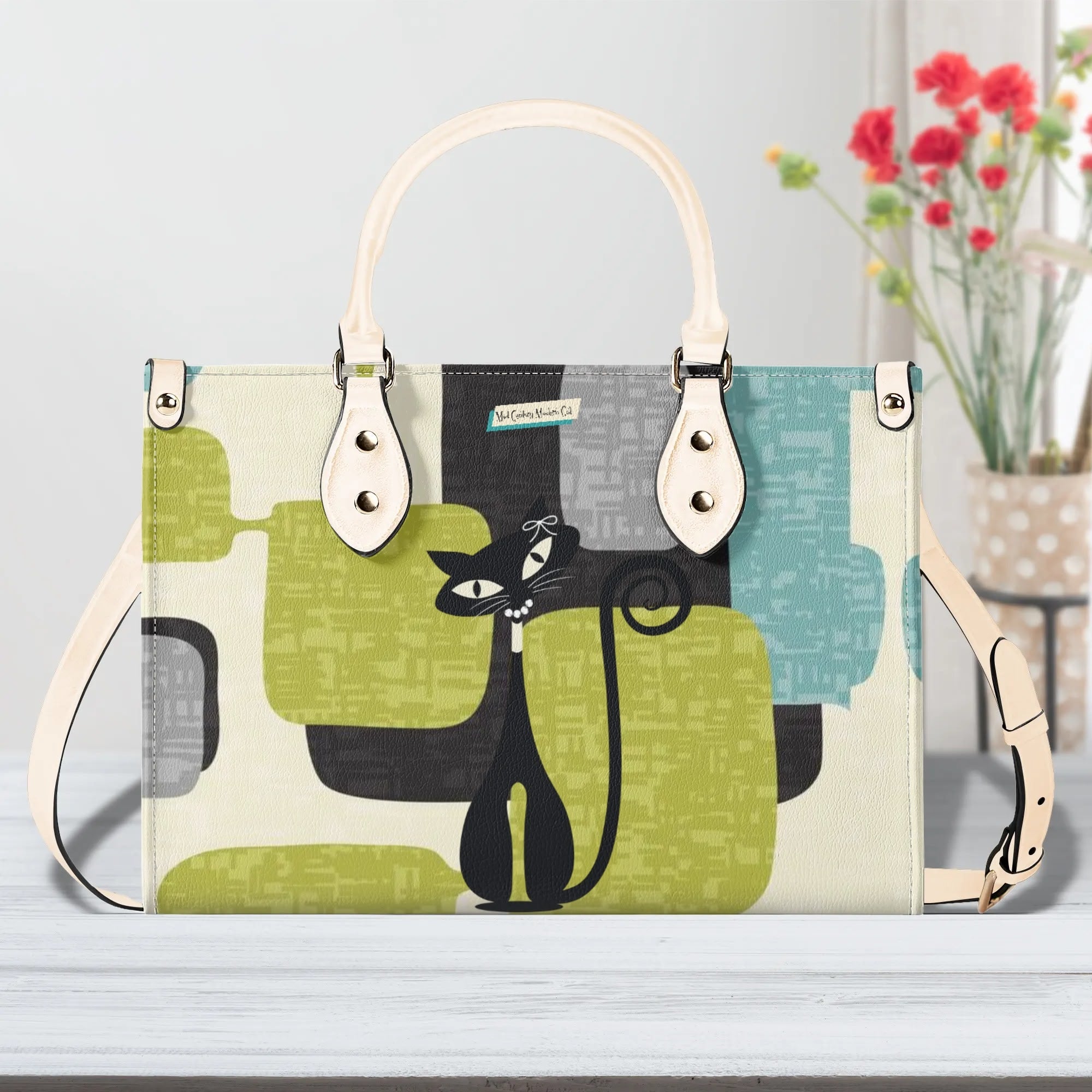 Mid Century Modern Atomic Cat, Mid Mod Geometric Aqua, Green Handbag - Mid Century Modern Gal