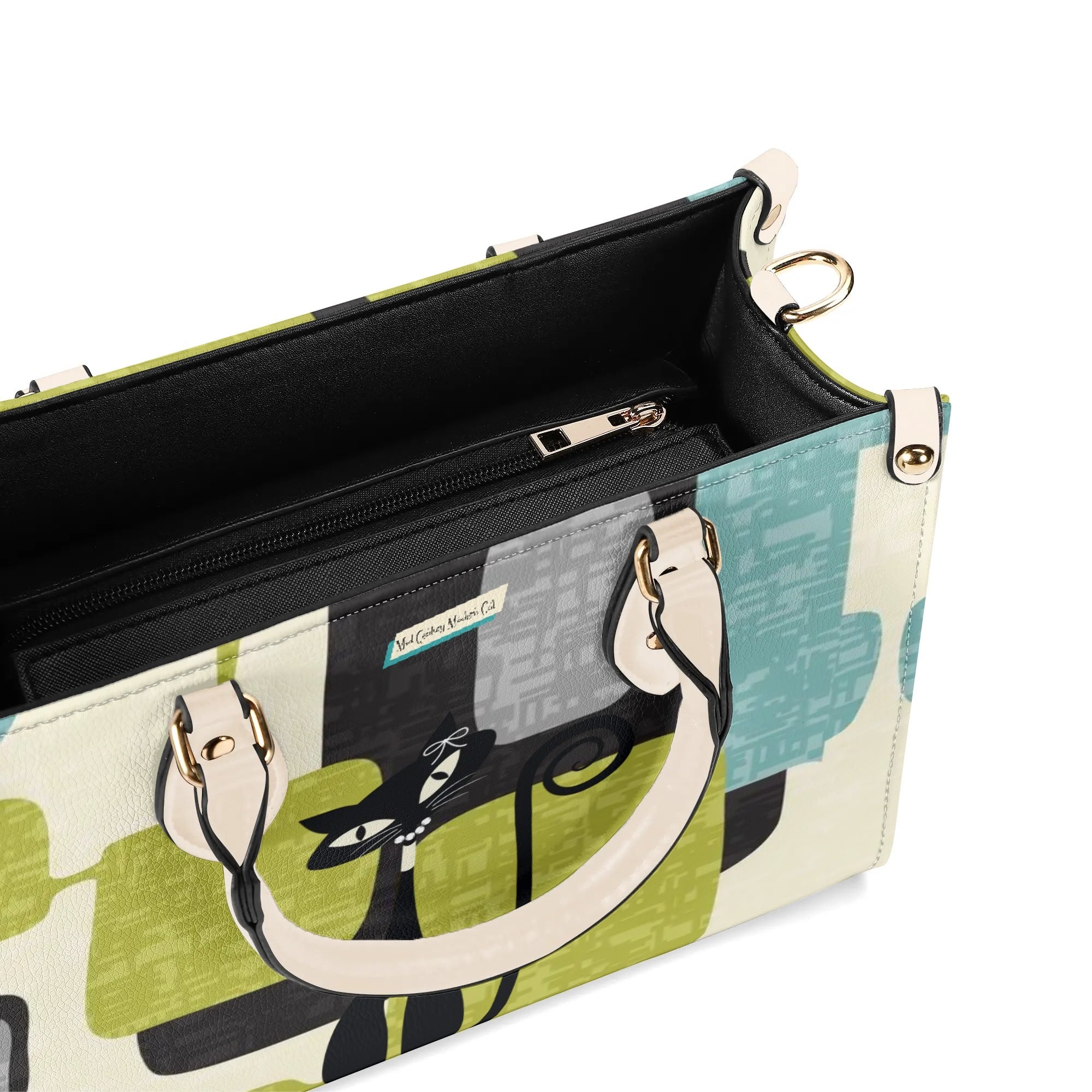 Mid Century Modern Atomic Cat, Mid Mod Geometric Aqua, Green Handbag - Mid Century Modern Gal