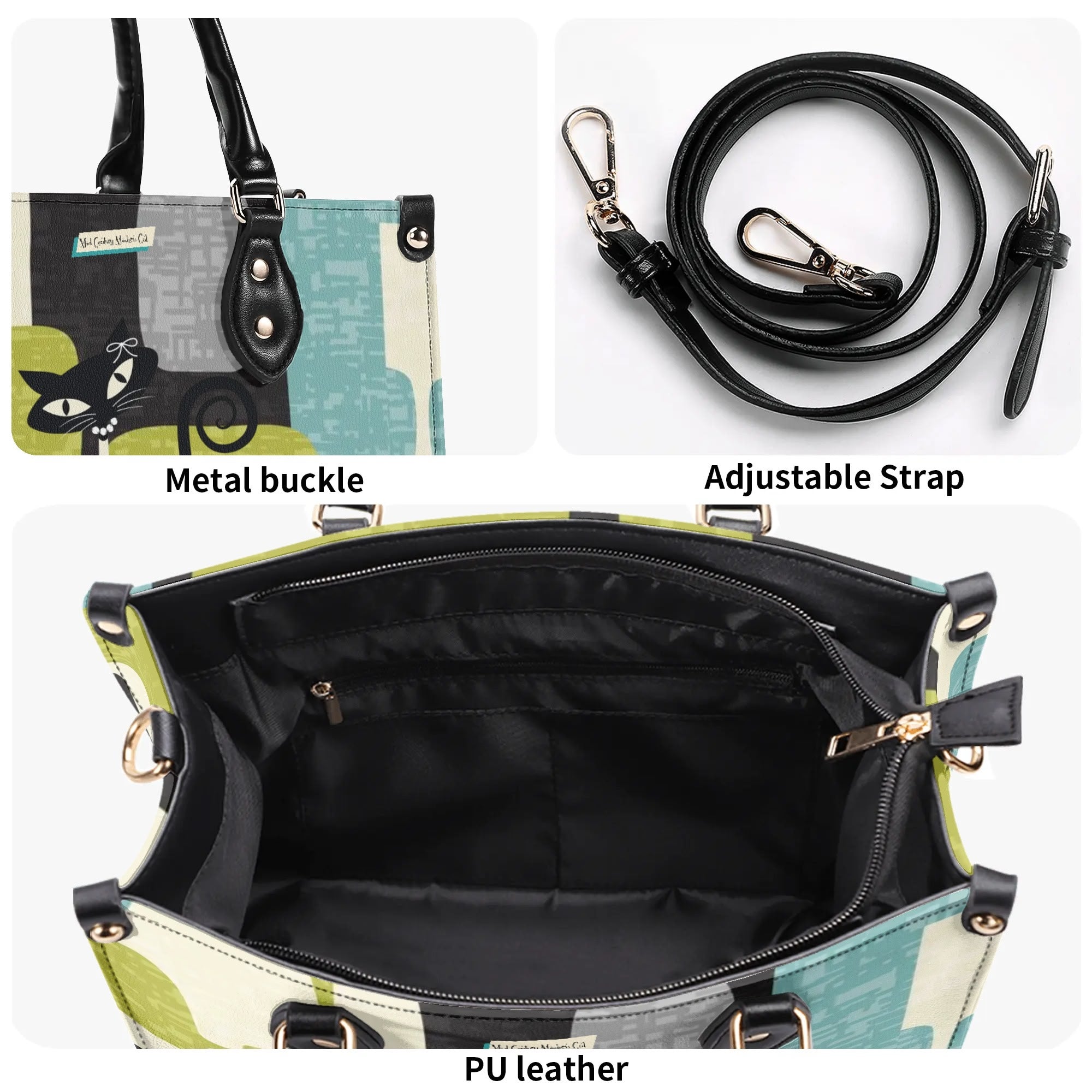 Mid Century Modern Atomic Cat, Mid Mod Geometric Aqua, Green Handbag - Mid Century Modern Gal