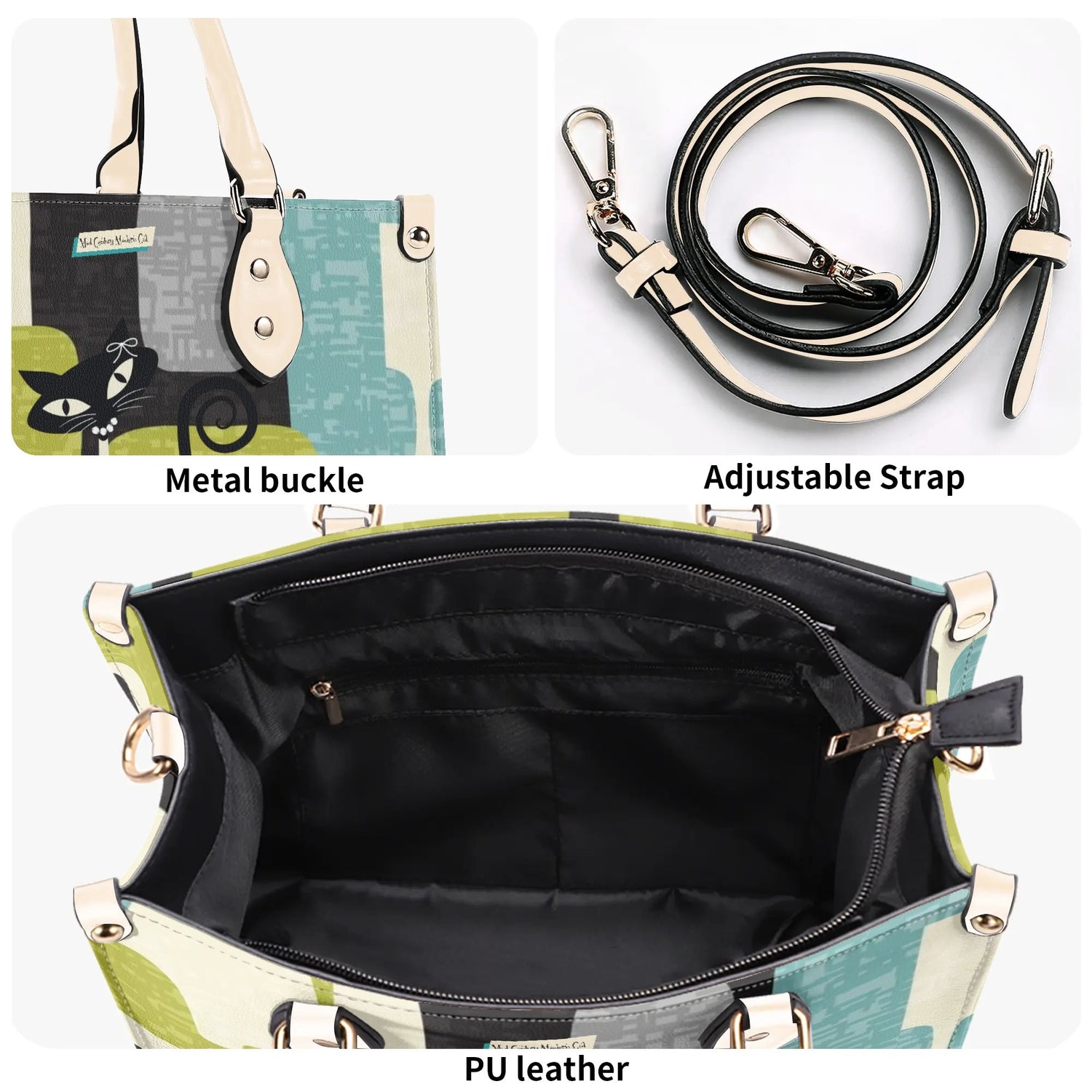 Mid Century Modern Atomic Cat, Mid Mod Geometric Aqua, Green Handbag - Mid Century Modern Gal