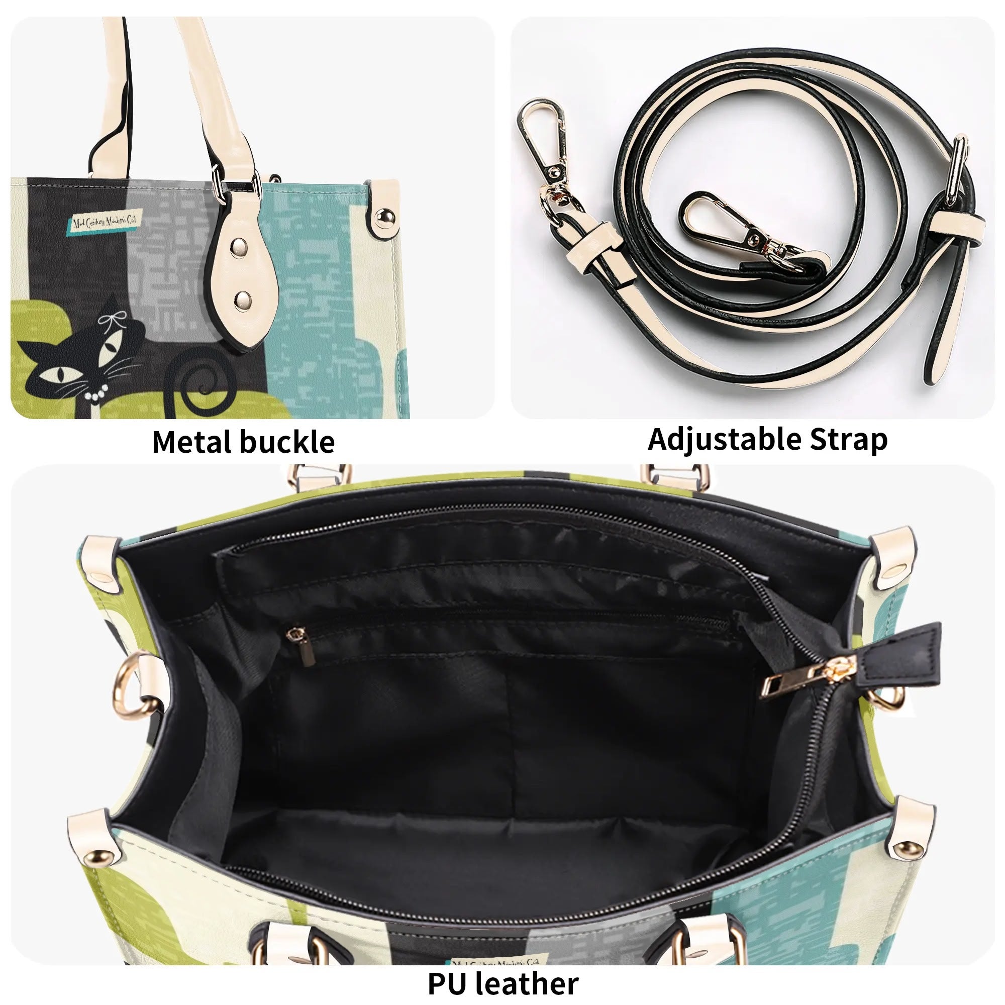 Mid Century Modern Atomic Cat, Mid Mod Geometric Aqua, Green Handbag - Mid Century Modern Gal