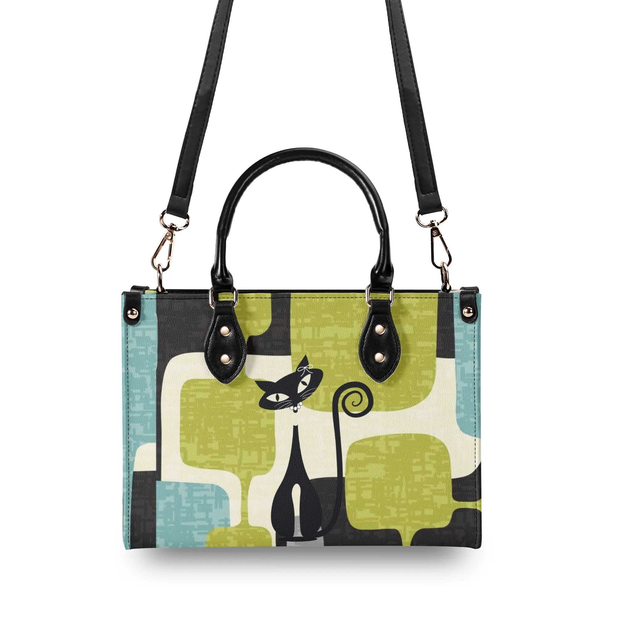 Mid Century Modern Atomic Cat, Mid Mod Geometric Aqua, Green Handbag - Mid Century Modern Gal